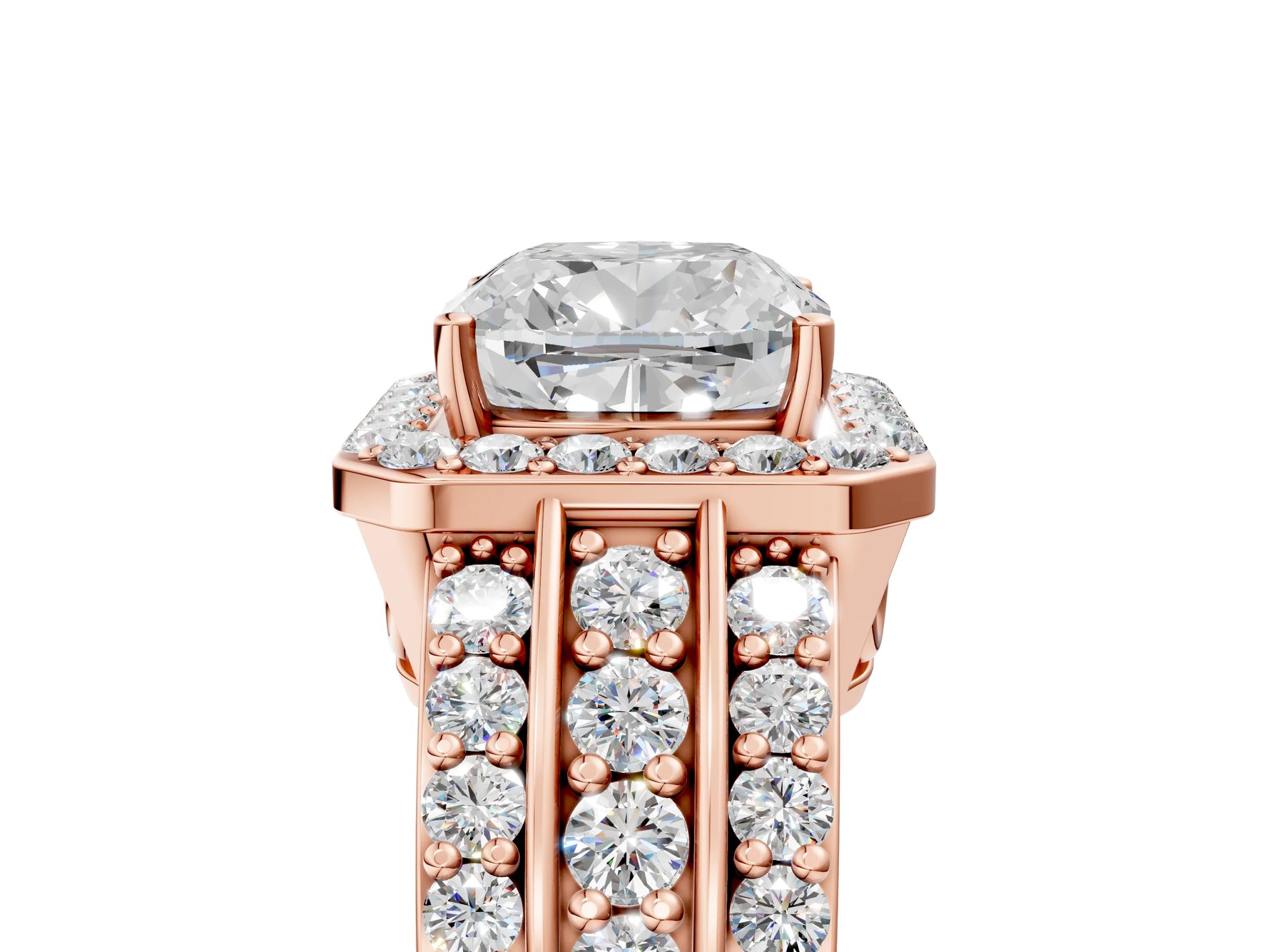 Cushion Cut Diamond Halo Engagement Ring in Rose gold with Triple-Row Round Band_23