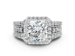 Cushion Cut Diamond Halo Engagement Ring in White gold with Triple-Row Round Band_12
