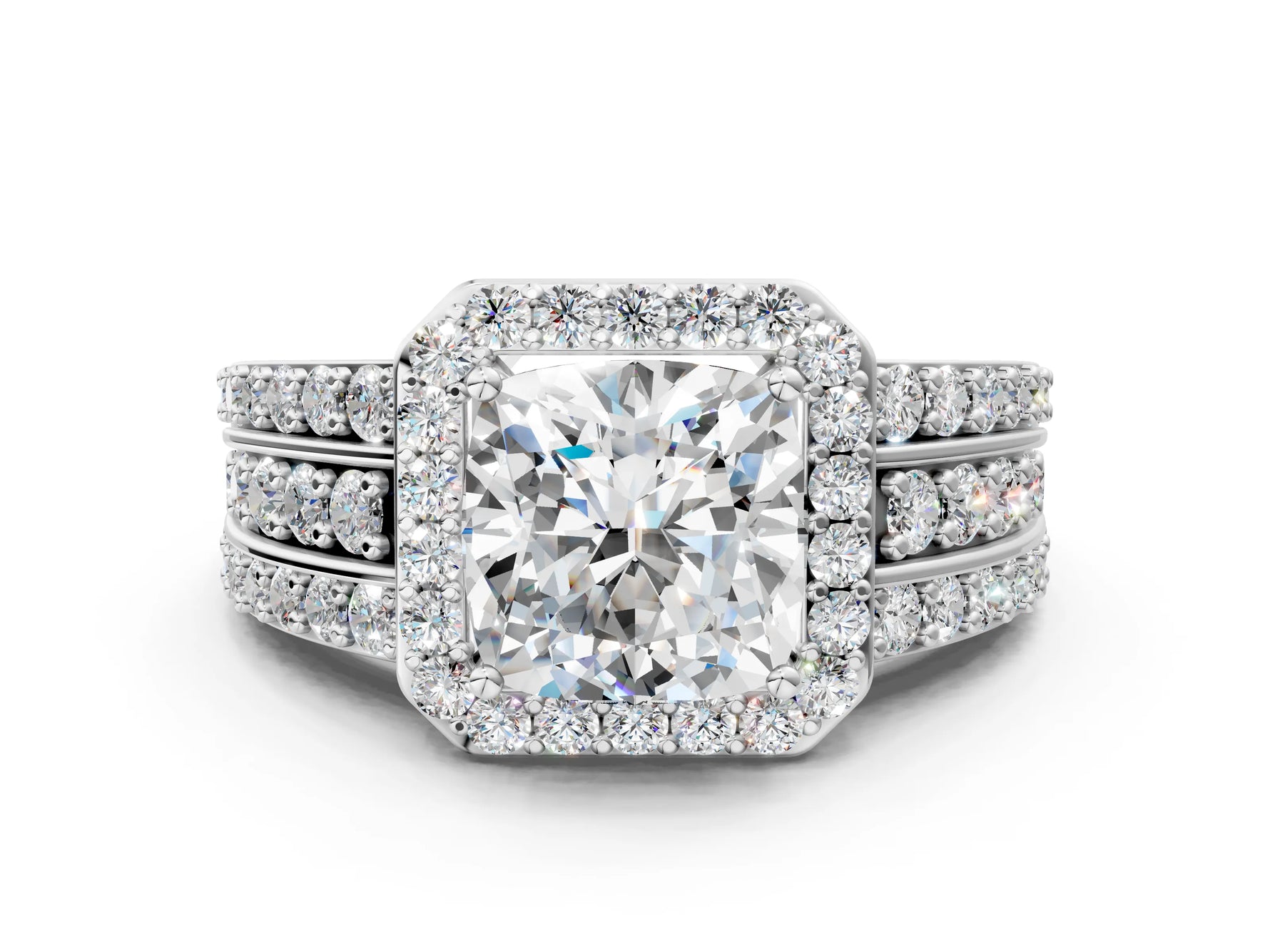 Cushion Cut Diamond Halo Engagement Ring in White gold with Triple-Row Round Band_12