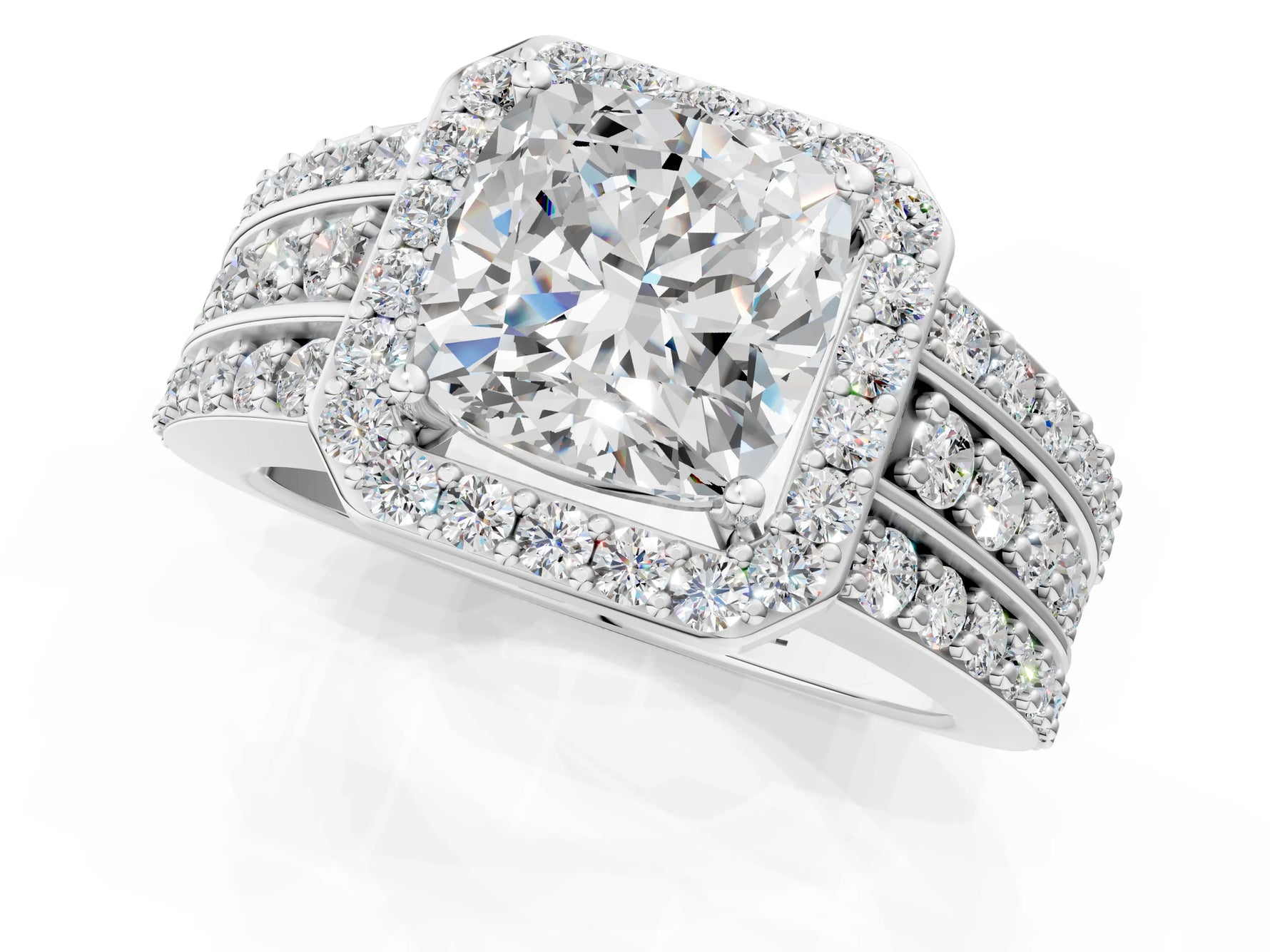 Cushion Cut Diamond Halo Engagement Ring in White gold with Triple-Row Round Band_13