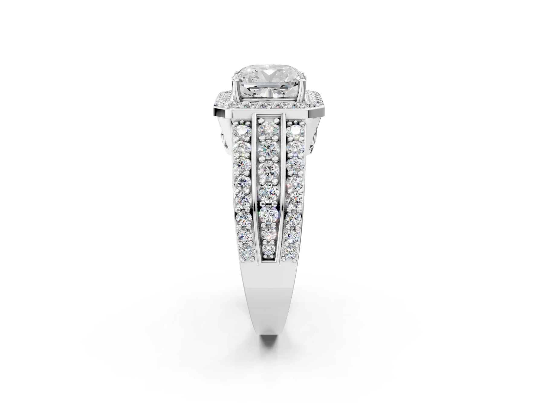Cushion Cut Diamond Halo Engagement Ring in White gold with Triple-Row Round Band_14