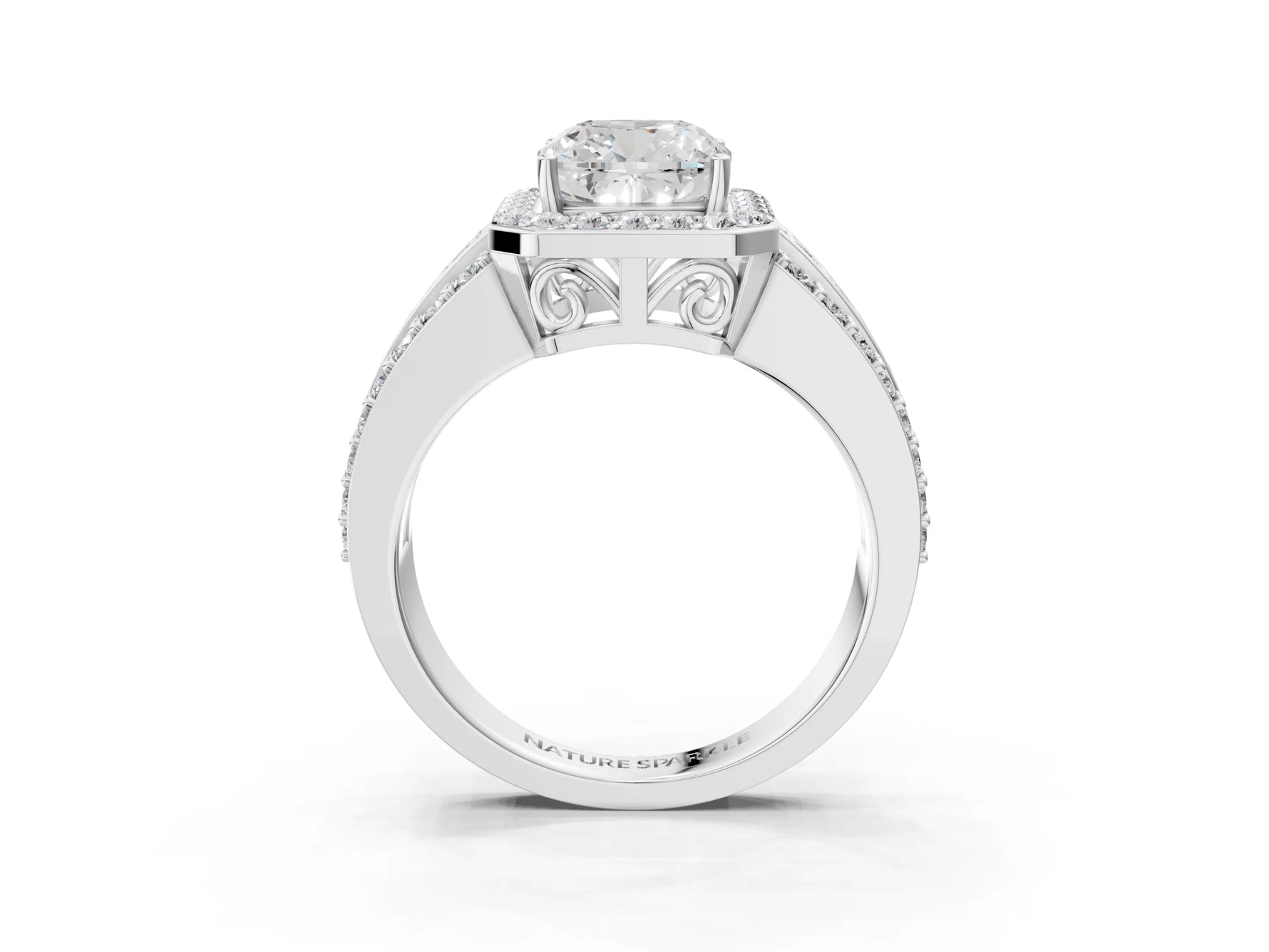 Cushion Cut Diamond Halo Engagement Ring in White gold with Triple-Row Round Band_15