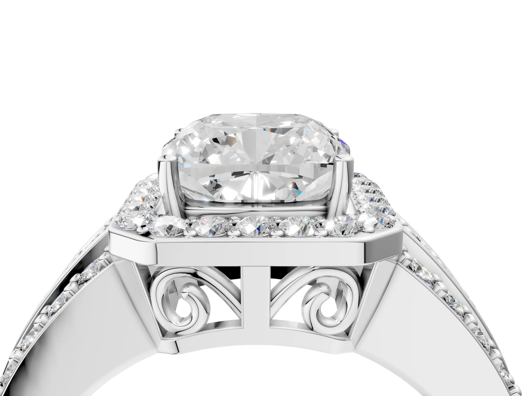 Cushion Cut Diamond Halo Engagement Ring in White gold with Triple-Row Round Band_16
