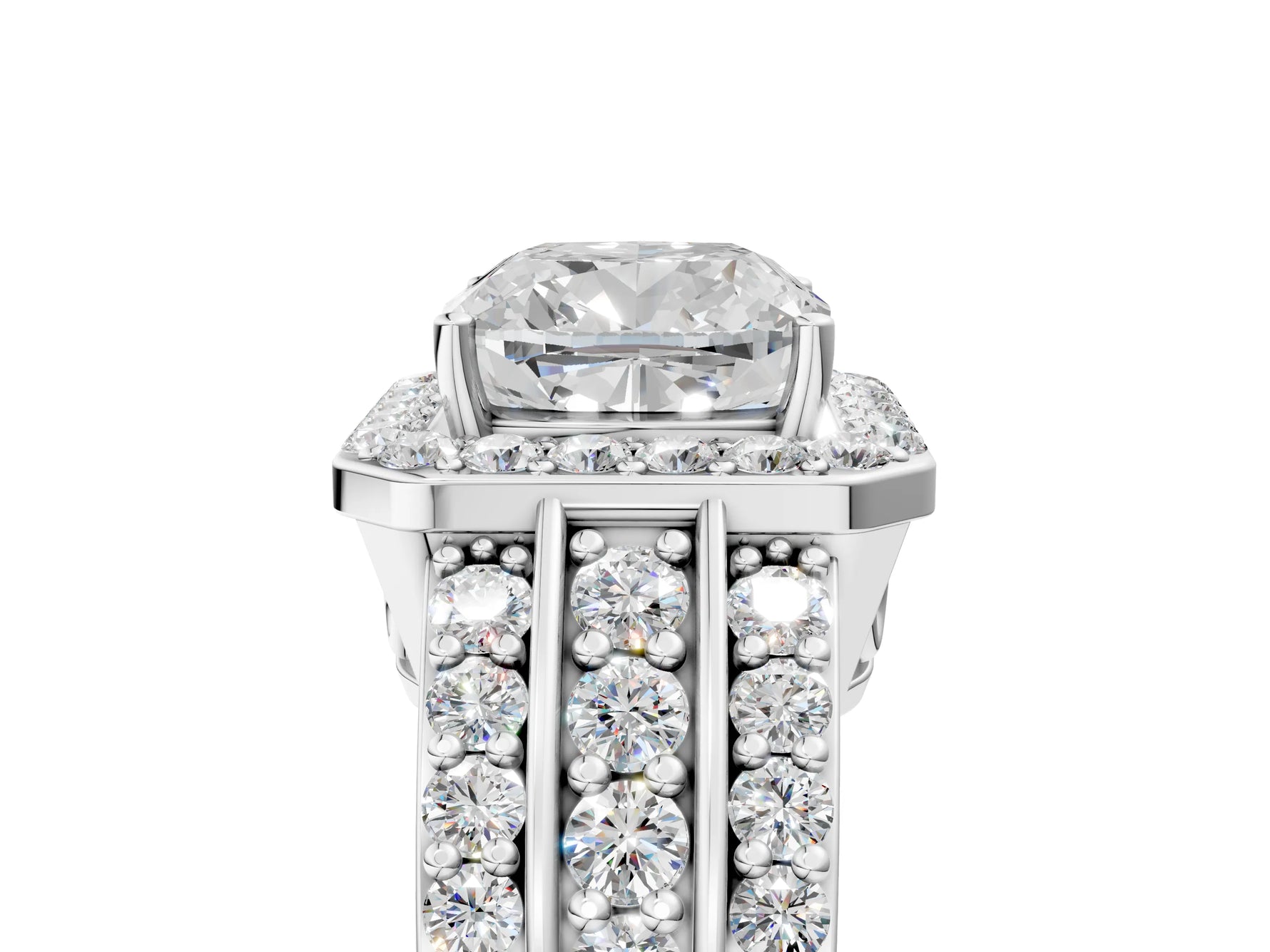 Cushion Cut Diamond Halo Engagement Ring in White gold with Triple-Row Round Band_17
