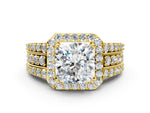 Cushion Cut Diamond Halo Engagement Ring in Yellow gold with Triple-Row Round Band_18