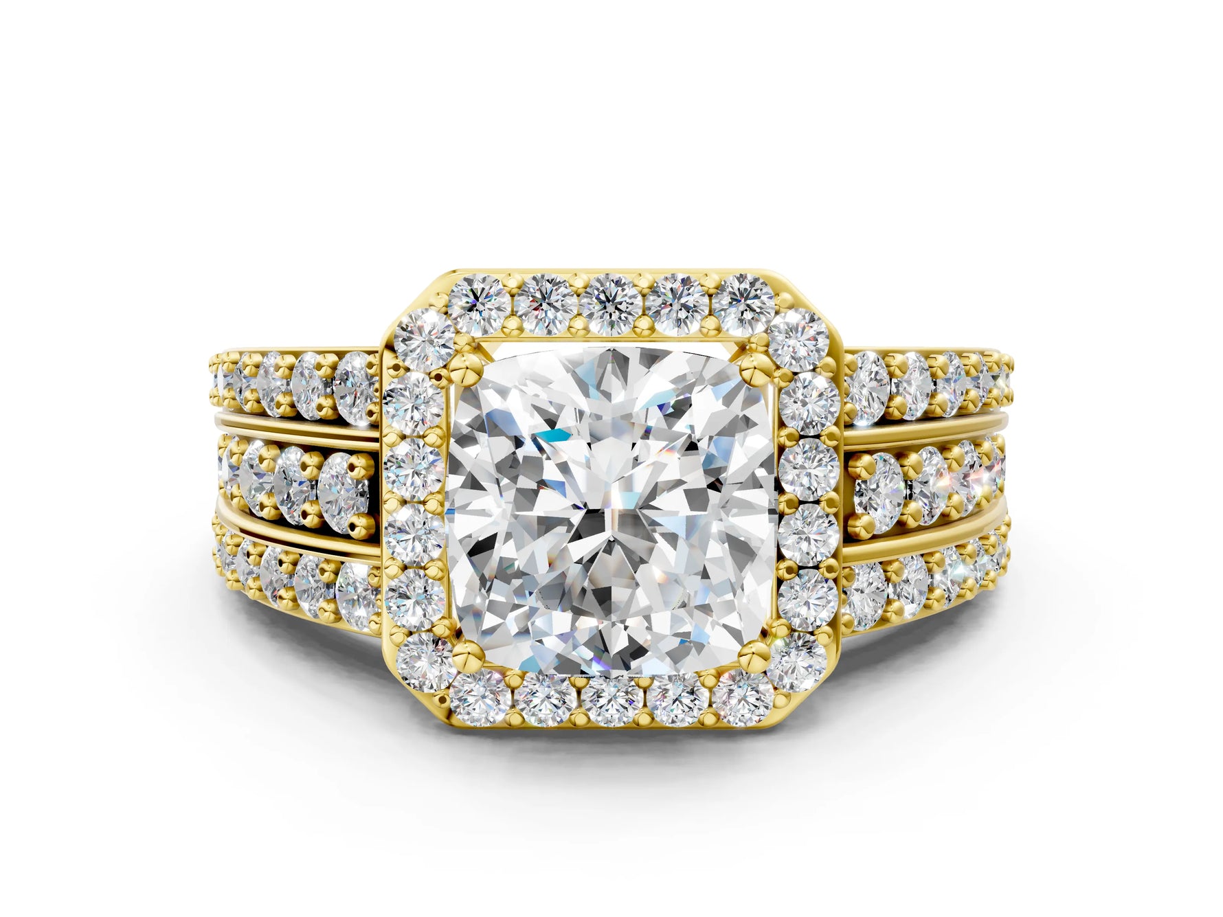 Cushion Cut Diamond Halo Engagement Ring in Yellow gold with Triple-Row Round Band_18