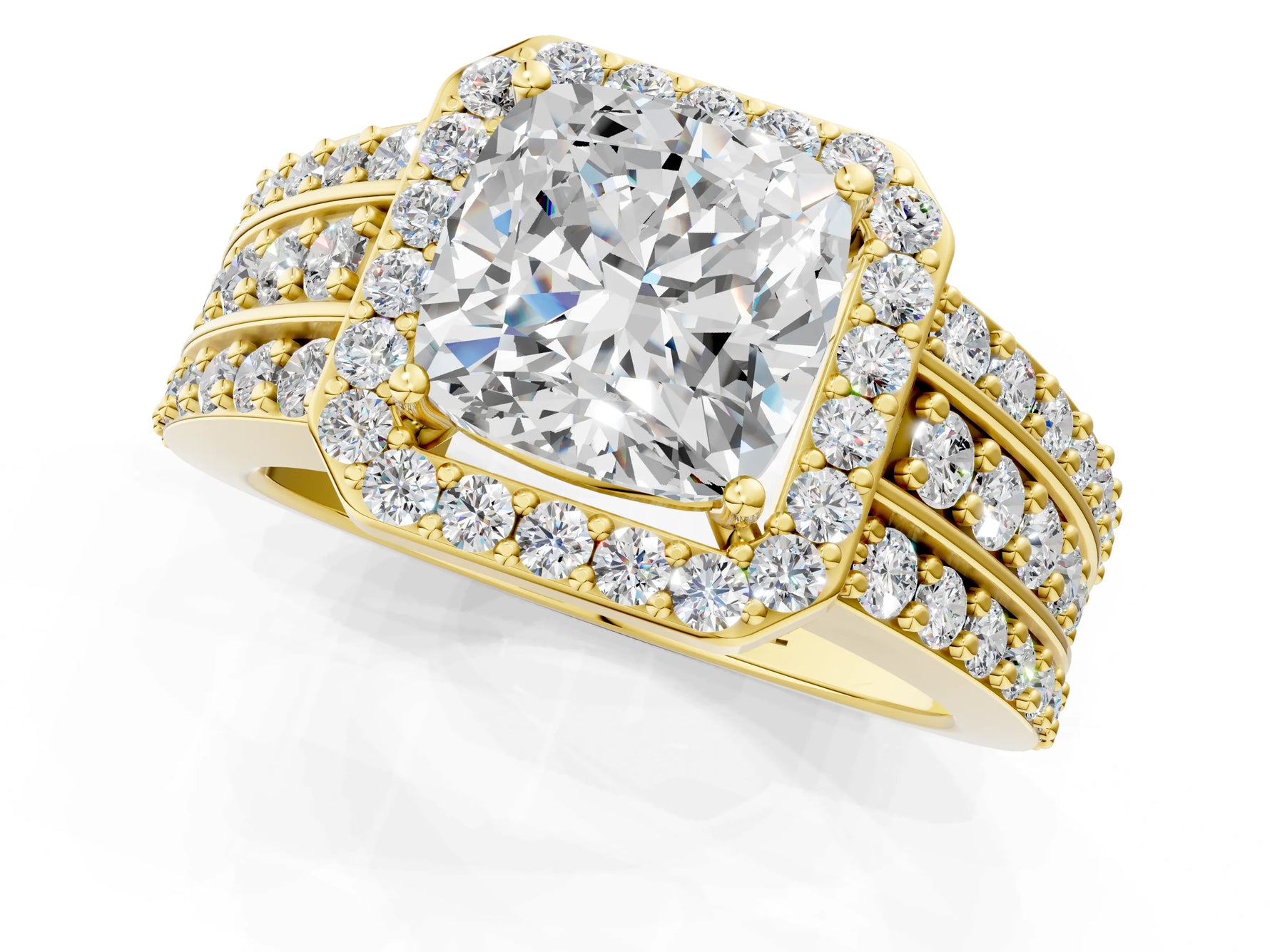 Cushion Cut Diamond Halo Engagement Ring in Yellow gold with Triple-Row Round Band_19