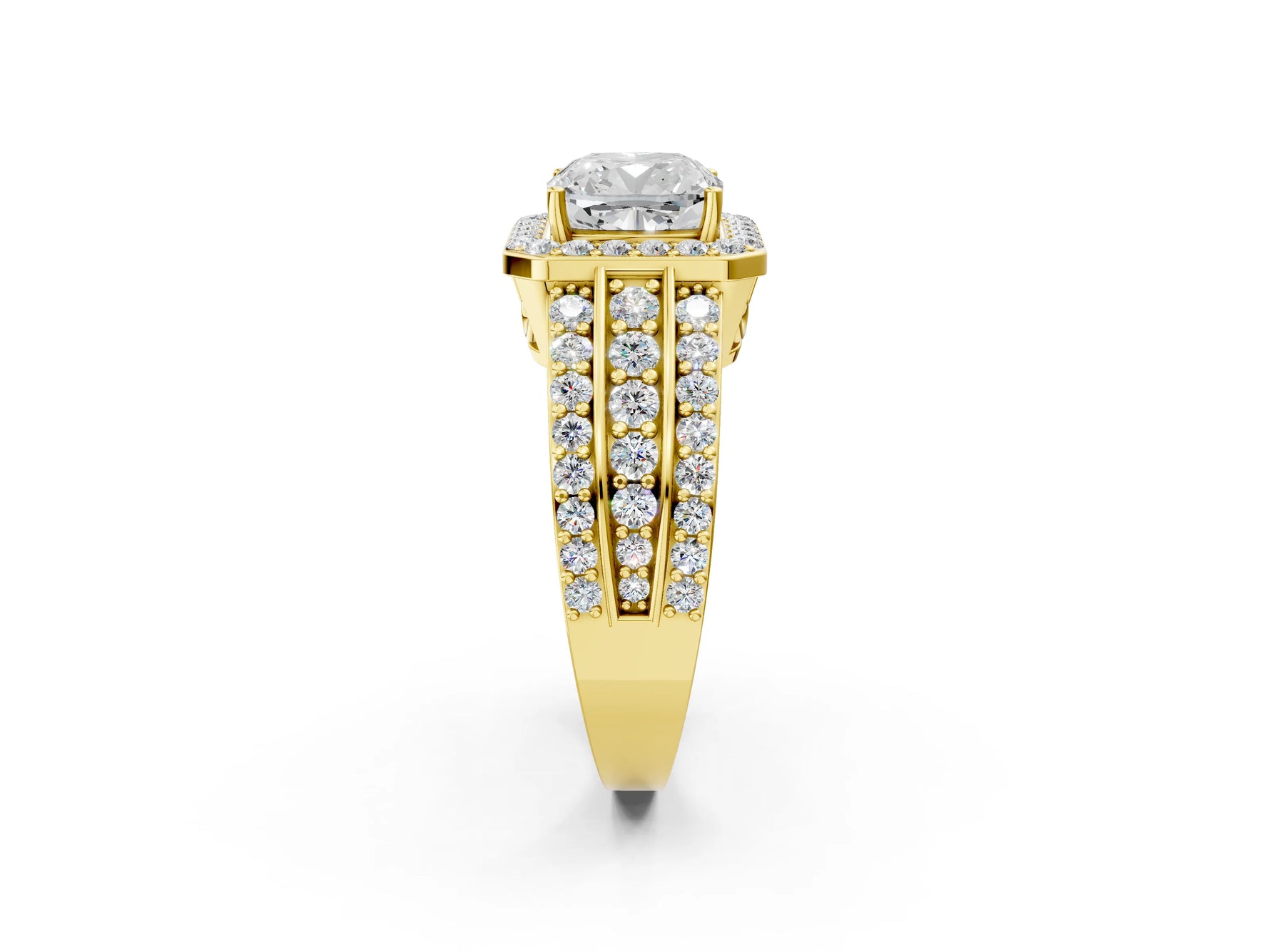 Cushion Cut Diamond Halo Engagement Ring in Yellow gold with Triple-Row Round Band_20