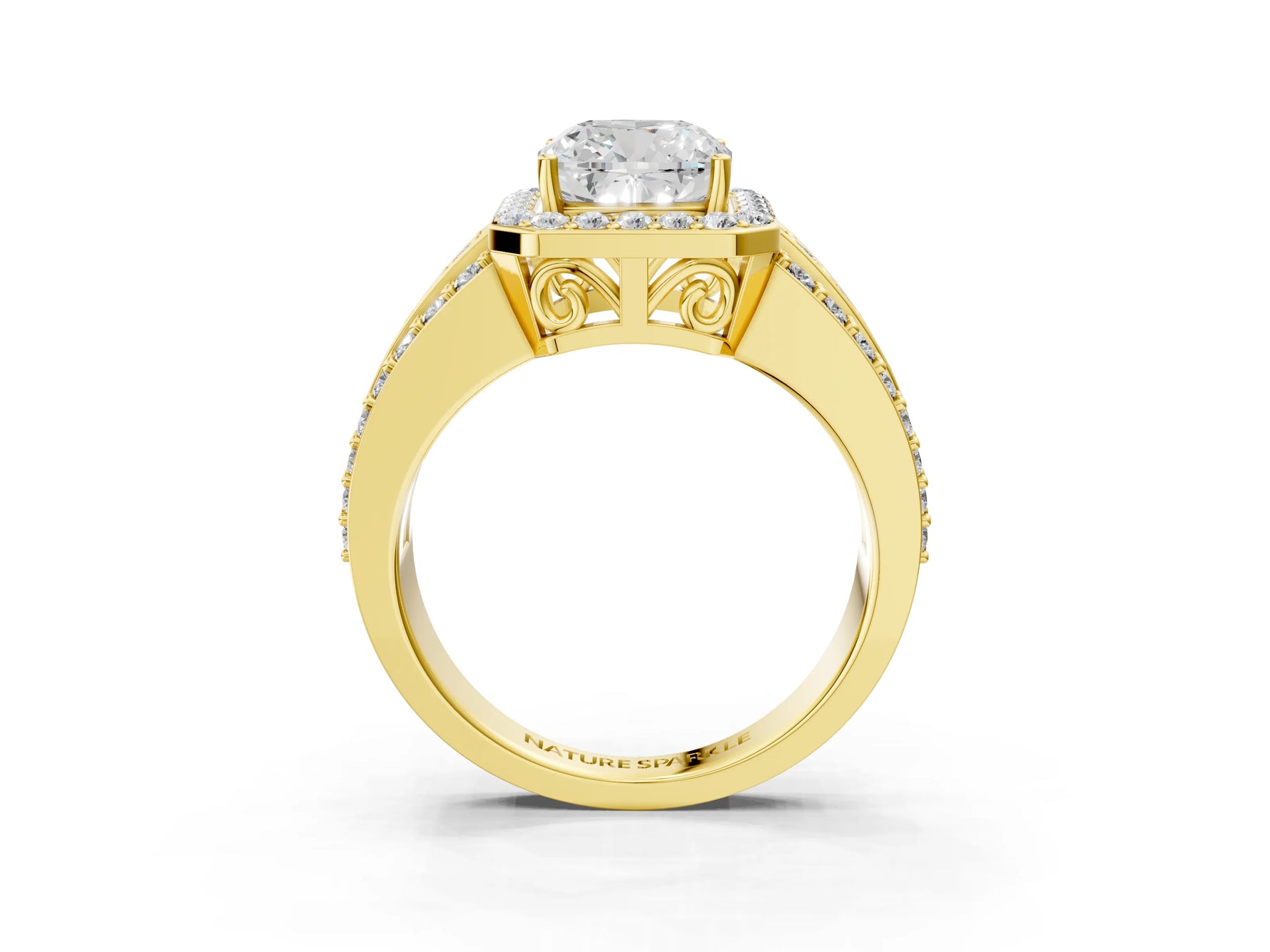 Cushion Cut Diamond Halo Engagement Ring in Yellow gold with Triple-Row Round Band_21
