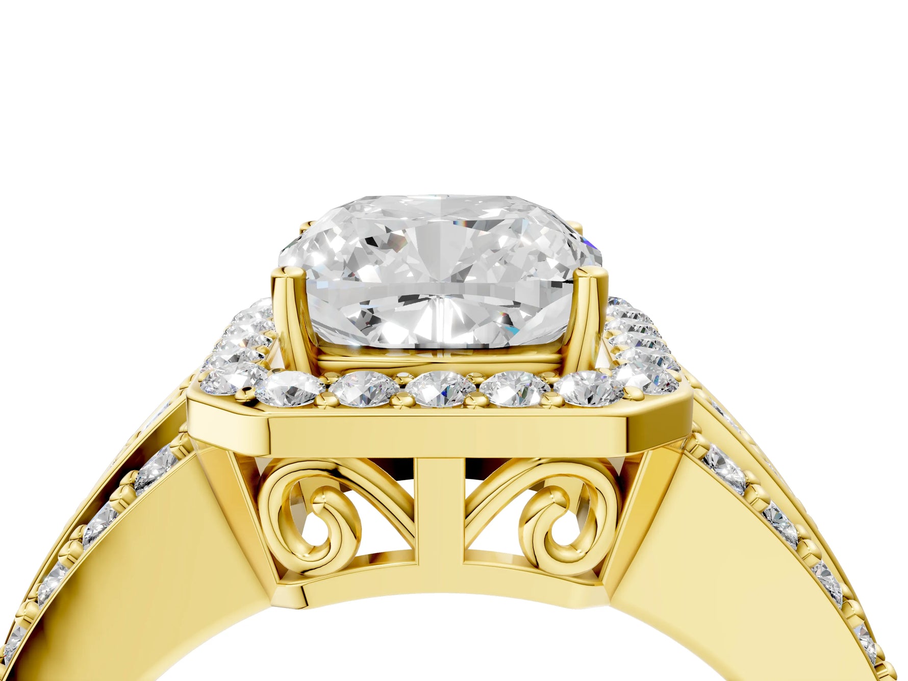Cushion Cut Diamond Halo Engagement Ring in Yellow gold with Triple-Row Round Band_22