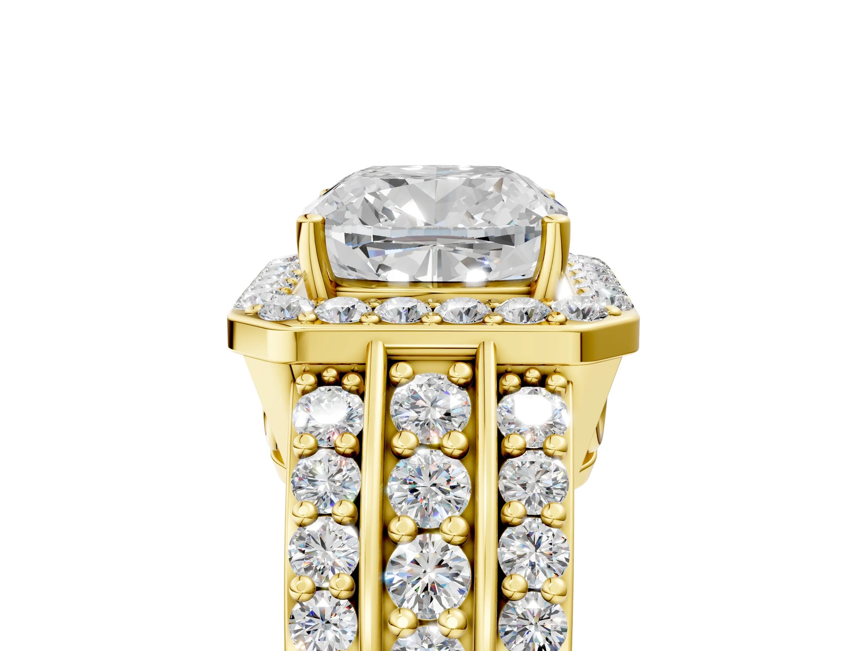 Cushion Cut Diamond Halo Engagement Ring in Yellow gold with Triple-Row Round Band_23