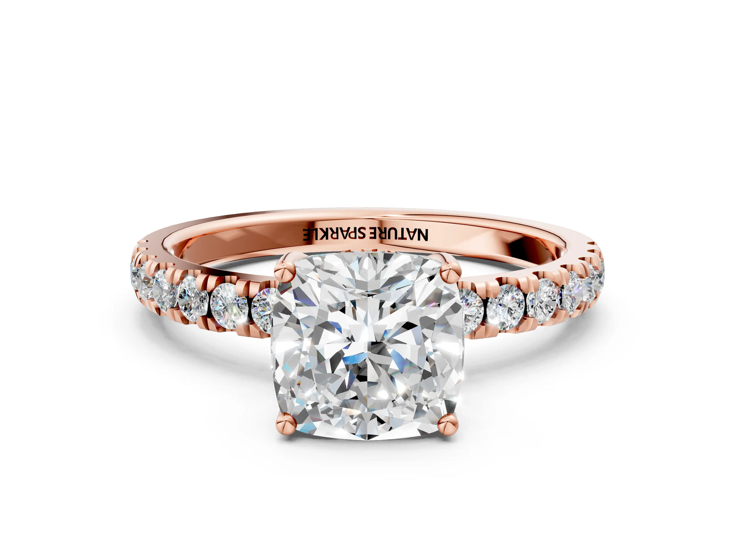 Cushion Cut Diamond Hidden Halo Engagement Ring in Rose gold with Round Pavé Band_18