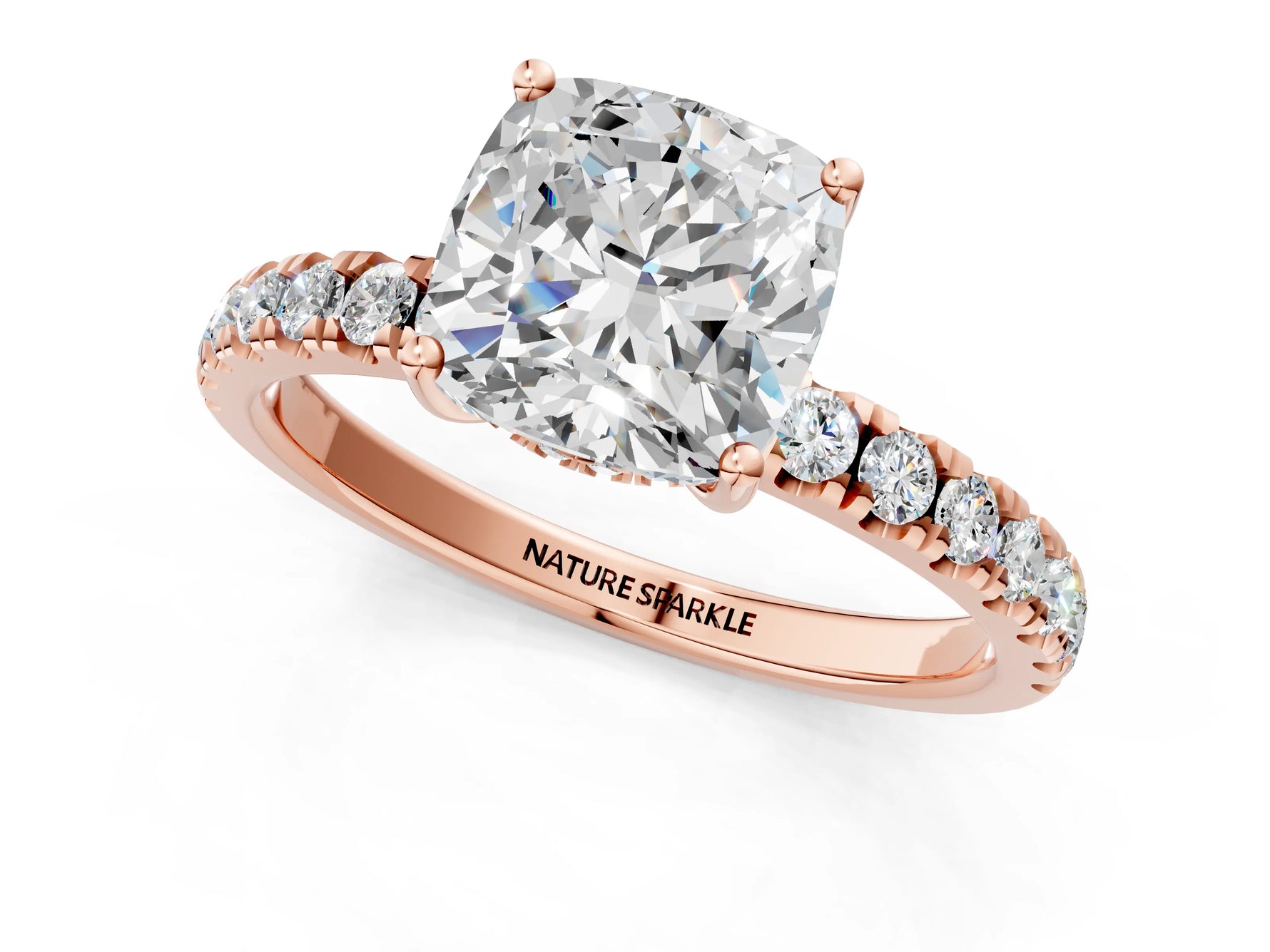 Cushion Cut Diamond Hidden Halo Engagement Ring in Rose gold with Round Pavé Band_19