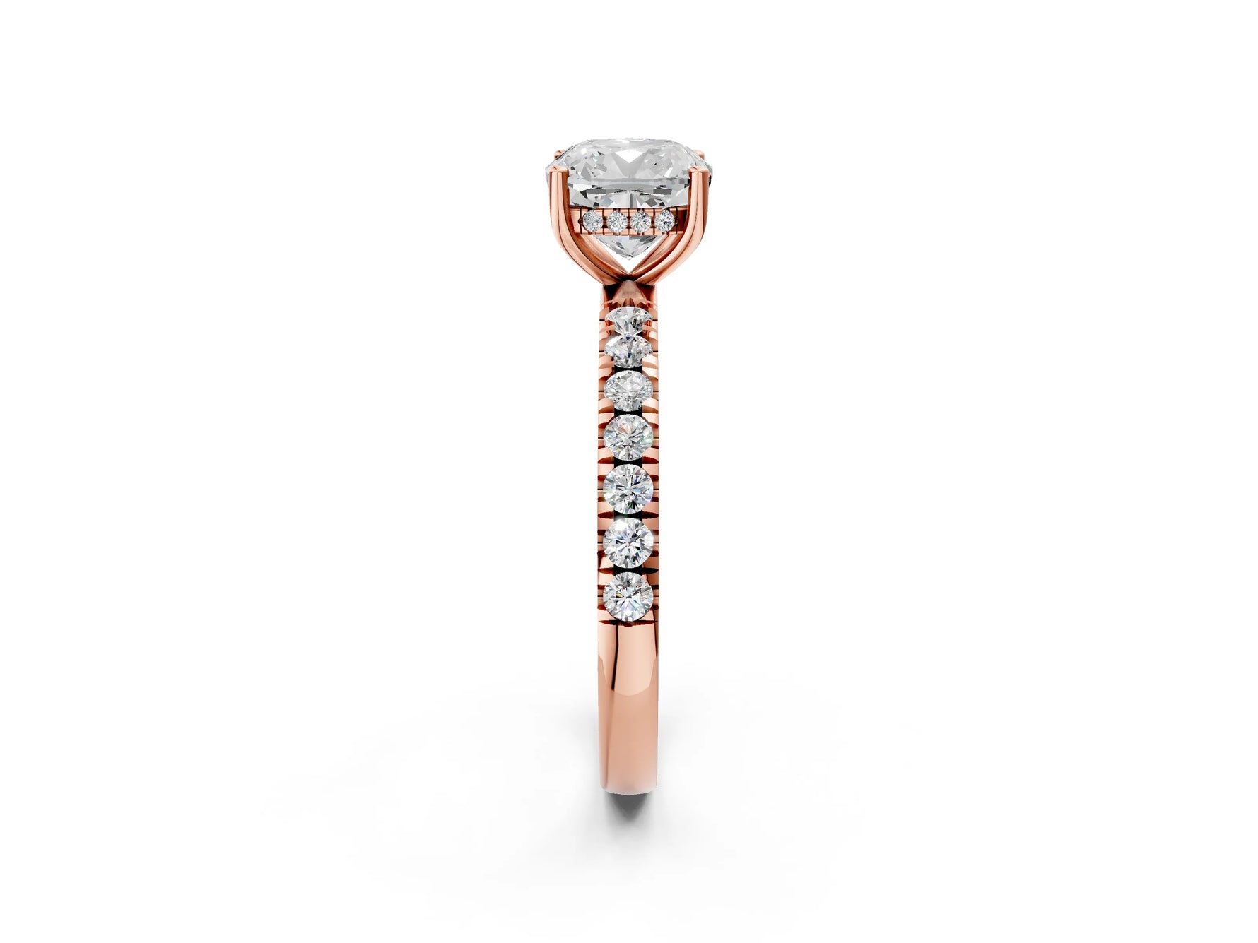 Cushion Cut Diamond Hidden Halo Engagement Ring in Rose gold with Round Pavé Band_20