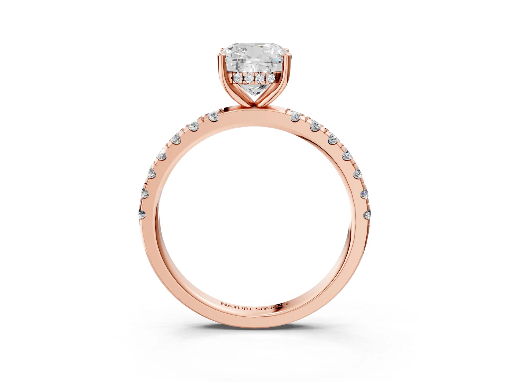 Cushion Cut Diamond Hidden Halo Engagement Ring in Rose gold with Round Pavé Band_21