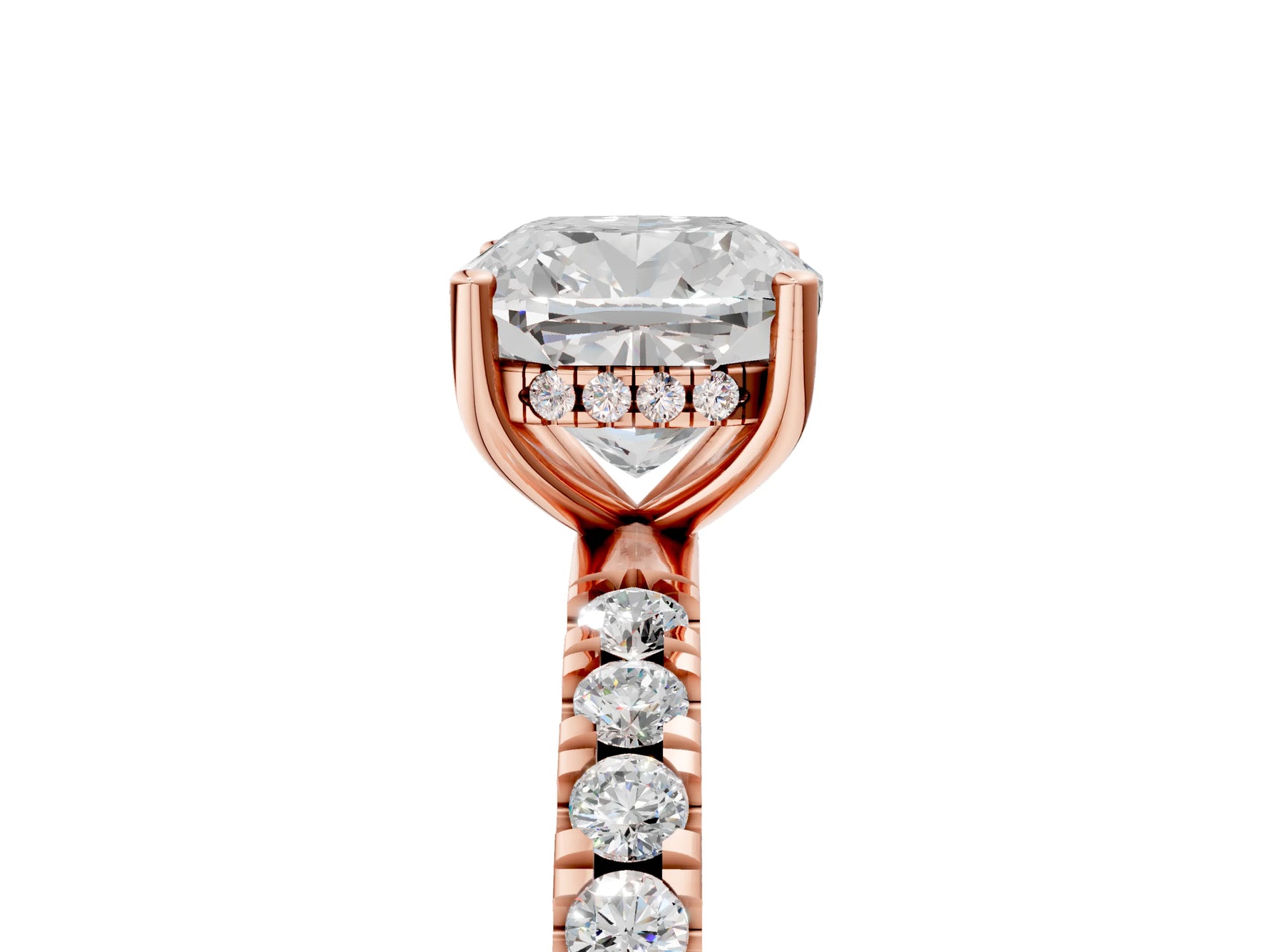 Cushion Cut Diamond Hidden Halo Engagement Ring in Rose gold with Round Pavé Band_23