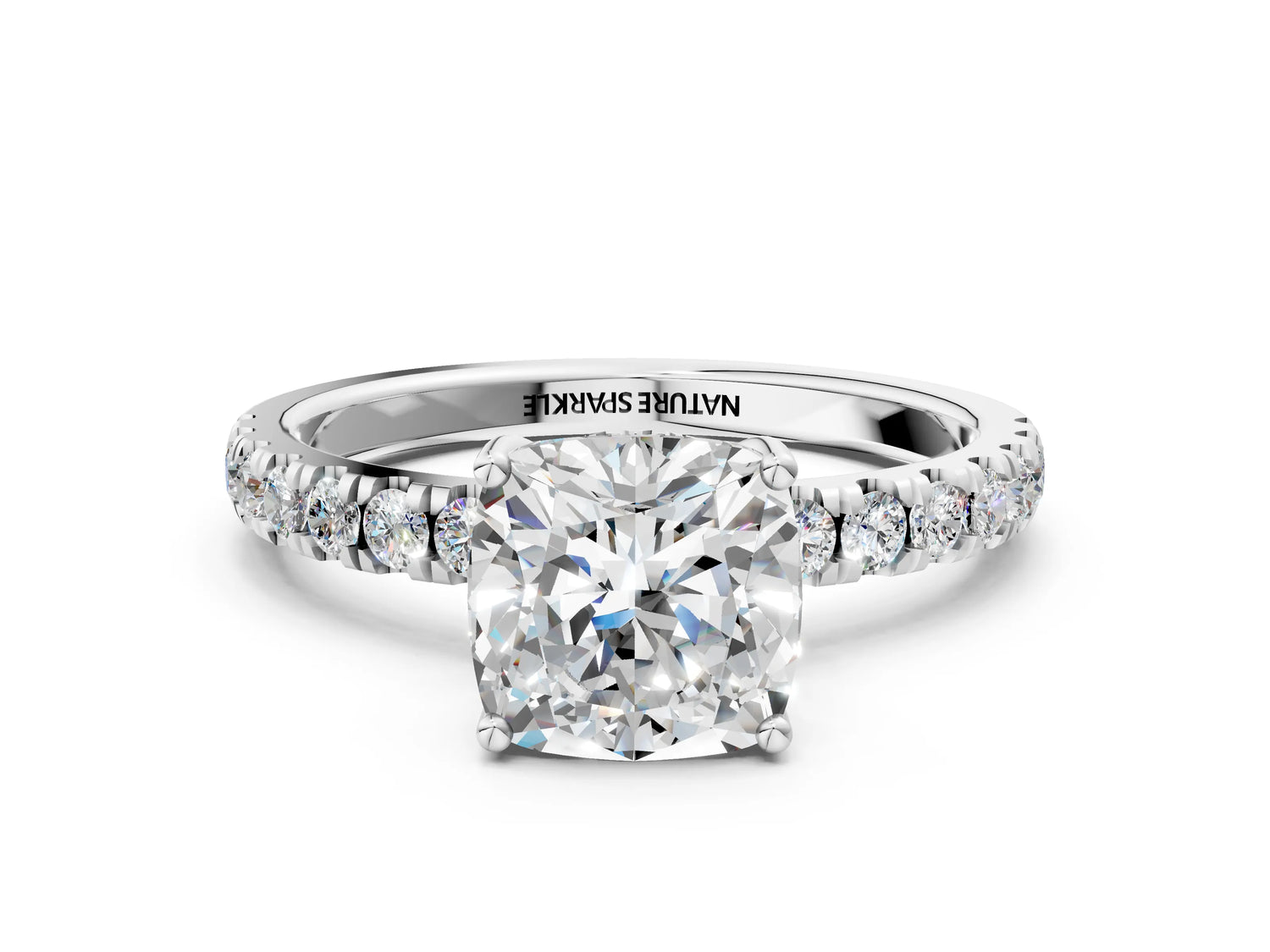 Cushion Cut Diamond Hidden Halo Engagement Ring in White gold with Round Pavé Band_18