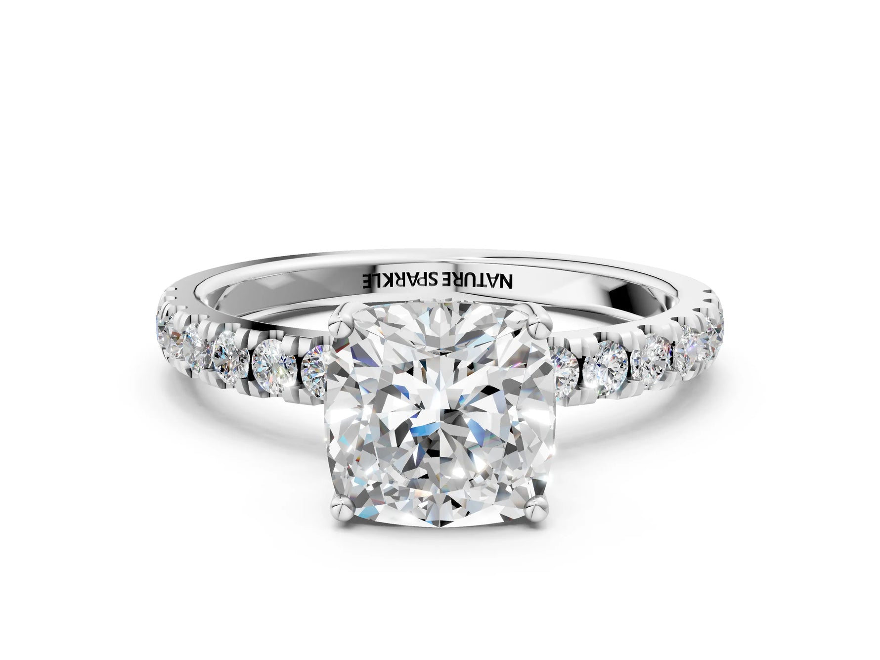 Cushion Cut Diamond Hidden Halo Engagement Ring in White gold with Round Pavé Band_18
