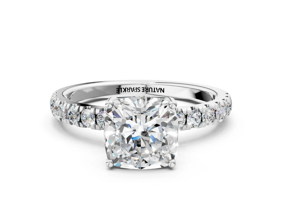 Cushion Cut Diamond Hidden Halo Engagement Ring in White gold with Round Pavé Band