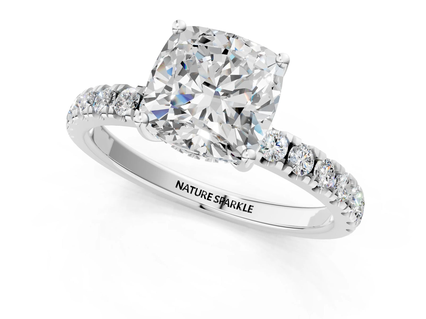 Cushion Cut Diamond Hidden Halo Engagement Ring in White gold with Round Pavé Band_19