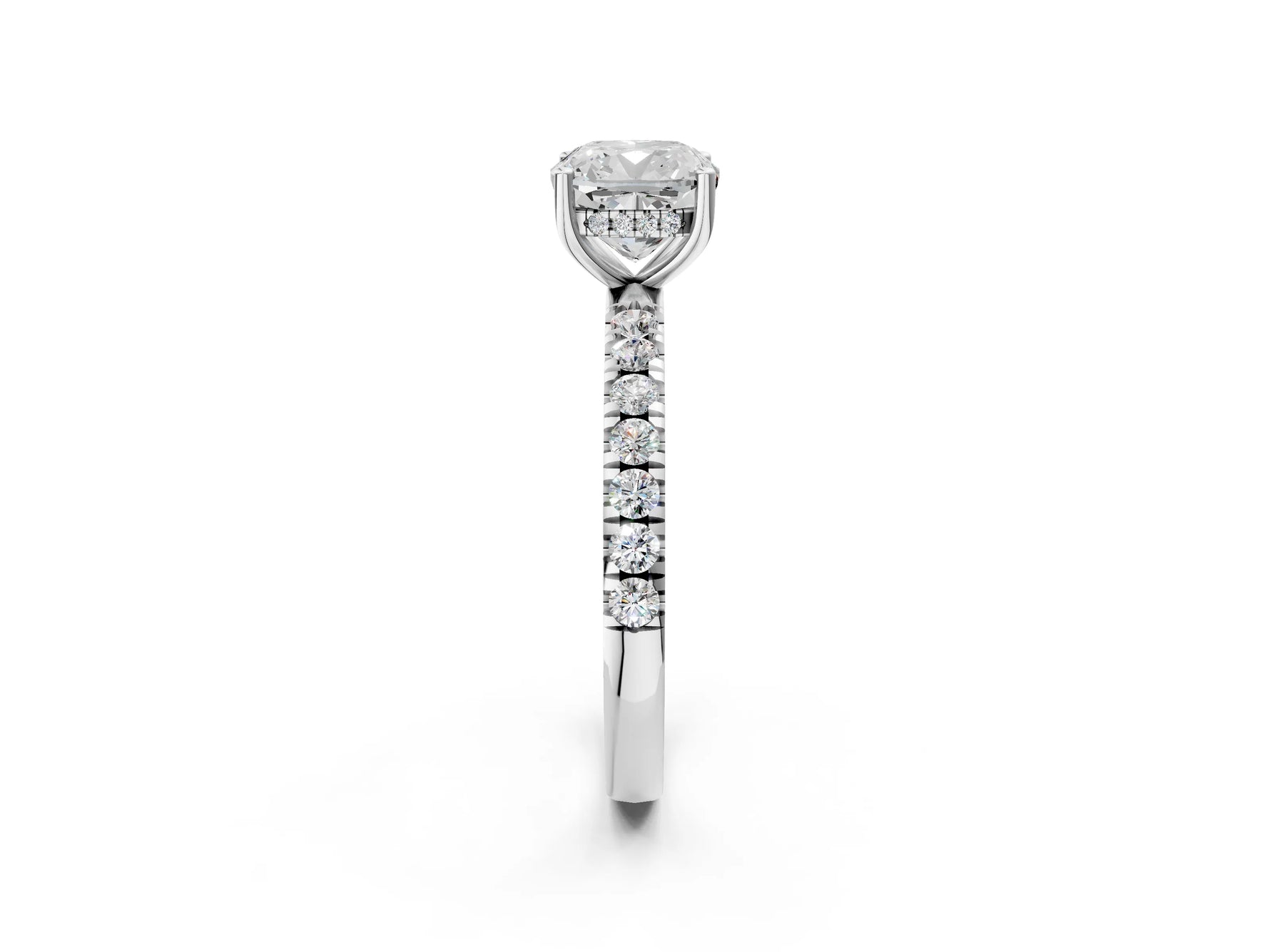 Cushion Cut Diamond Hidden Halo Engagement Ring in White gold with Round Pavé Band_20