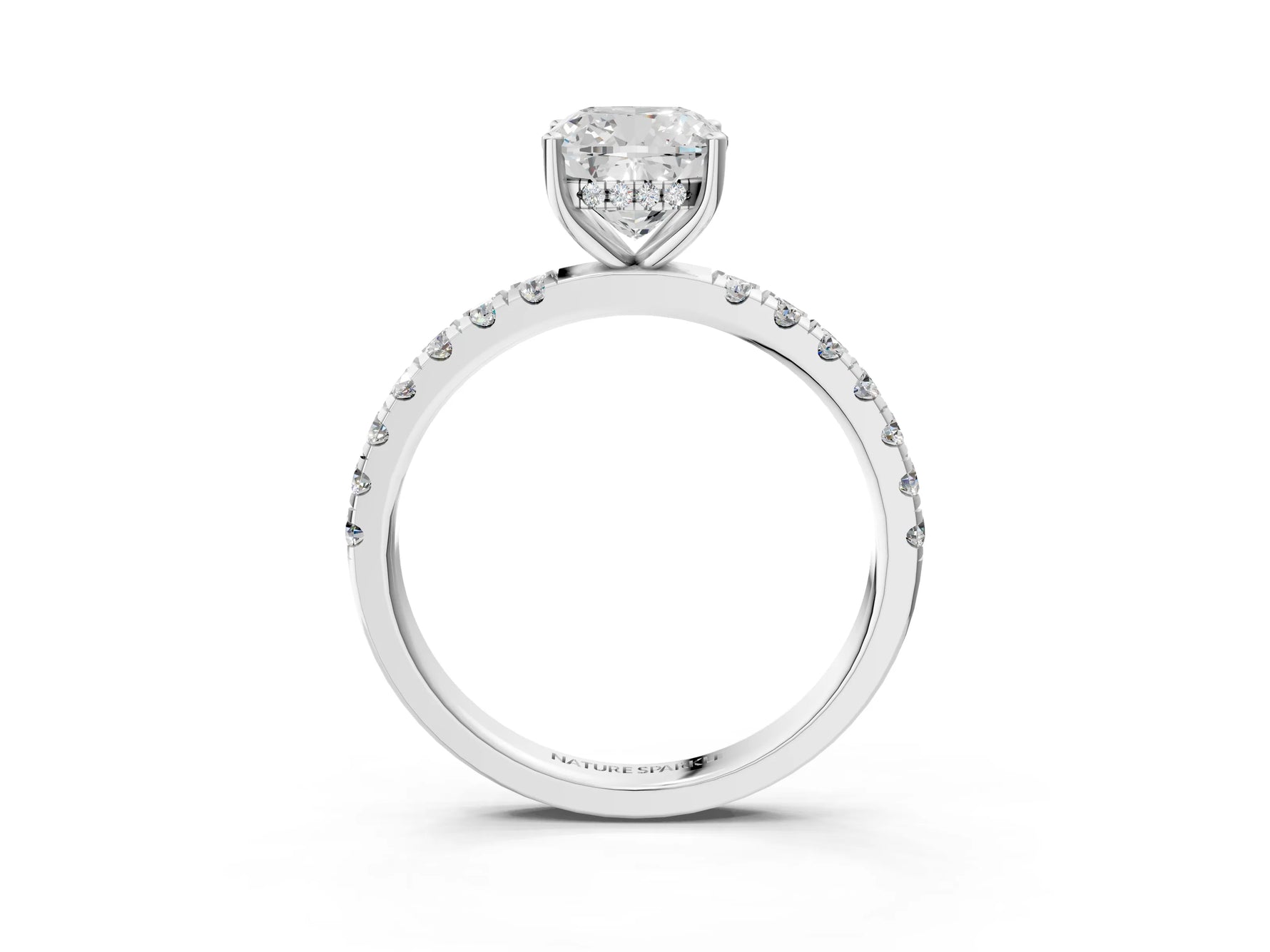 Cushion Cut Diamond Hidden Halo Engagement Ring in White gold with Round Pavé Band_21