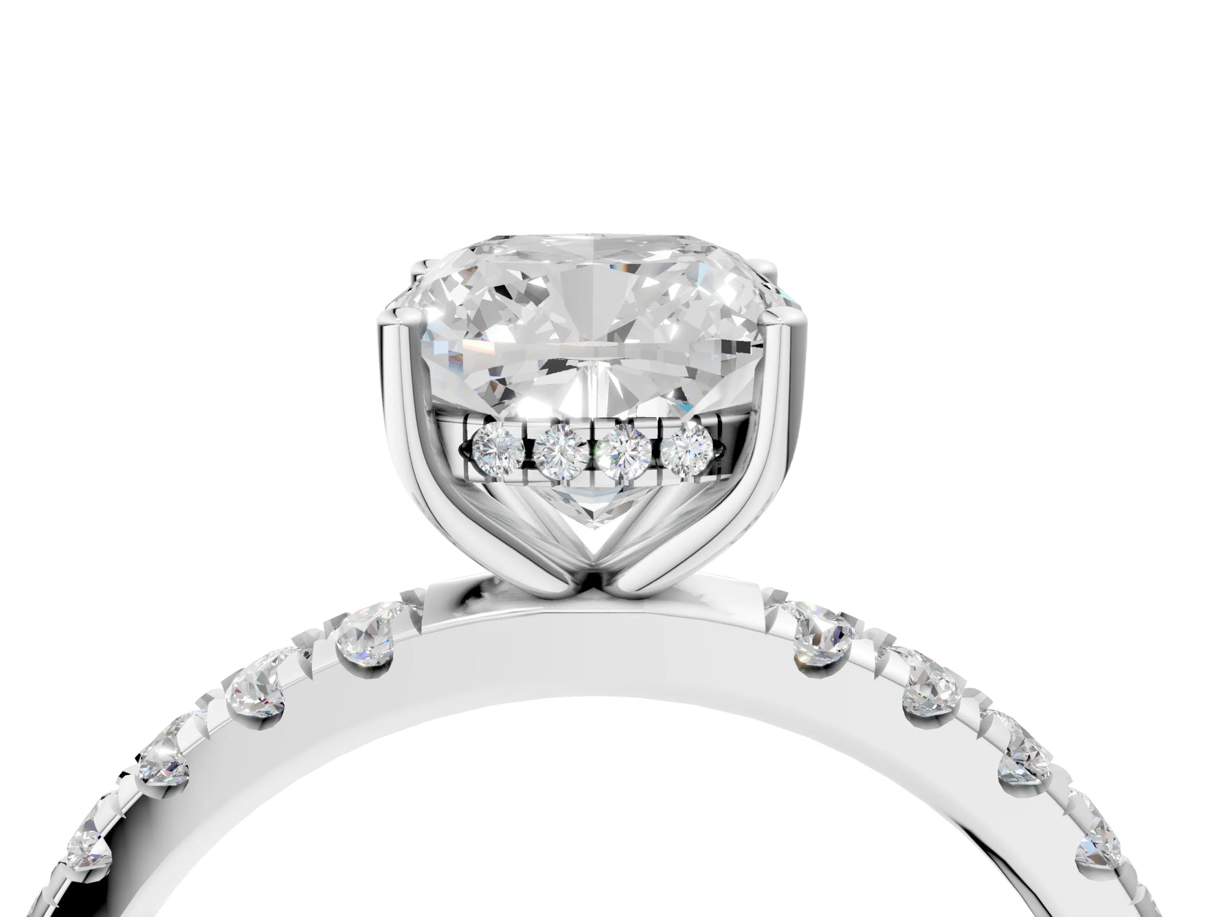Cushion Cut Diamond Hidden Halo Engagement Ring in White gold with Round Pavé Band_22