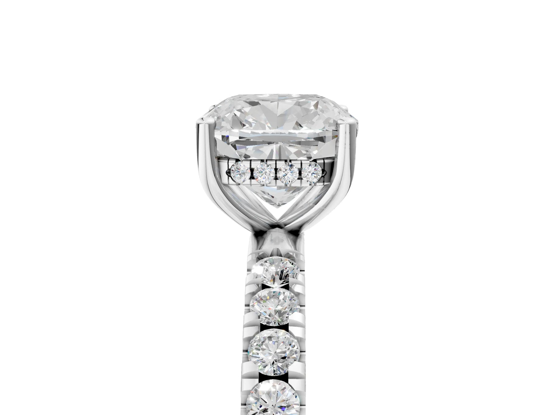 Cushion Cut Diamond Hidden Halo Engagement Ring in White gold with Round Pavé Band_23