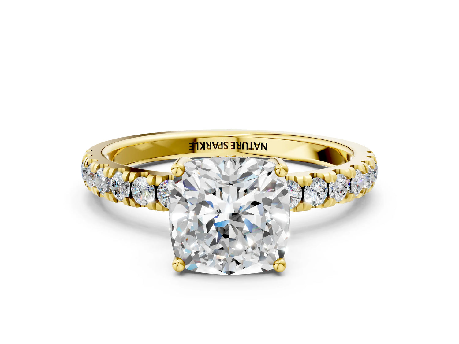 Cushion Cut Diamond Hidden Halo Engagement Ring in Yellow gold with Round Pavé Band_18