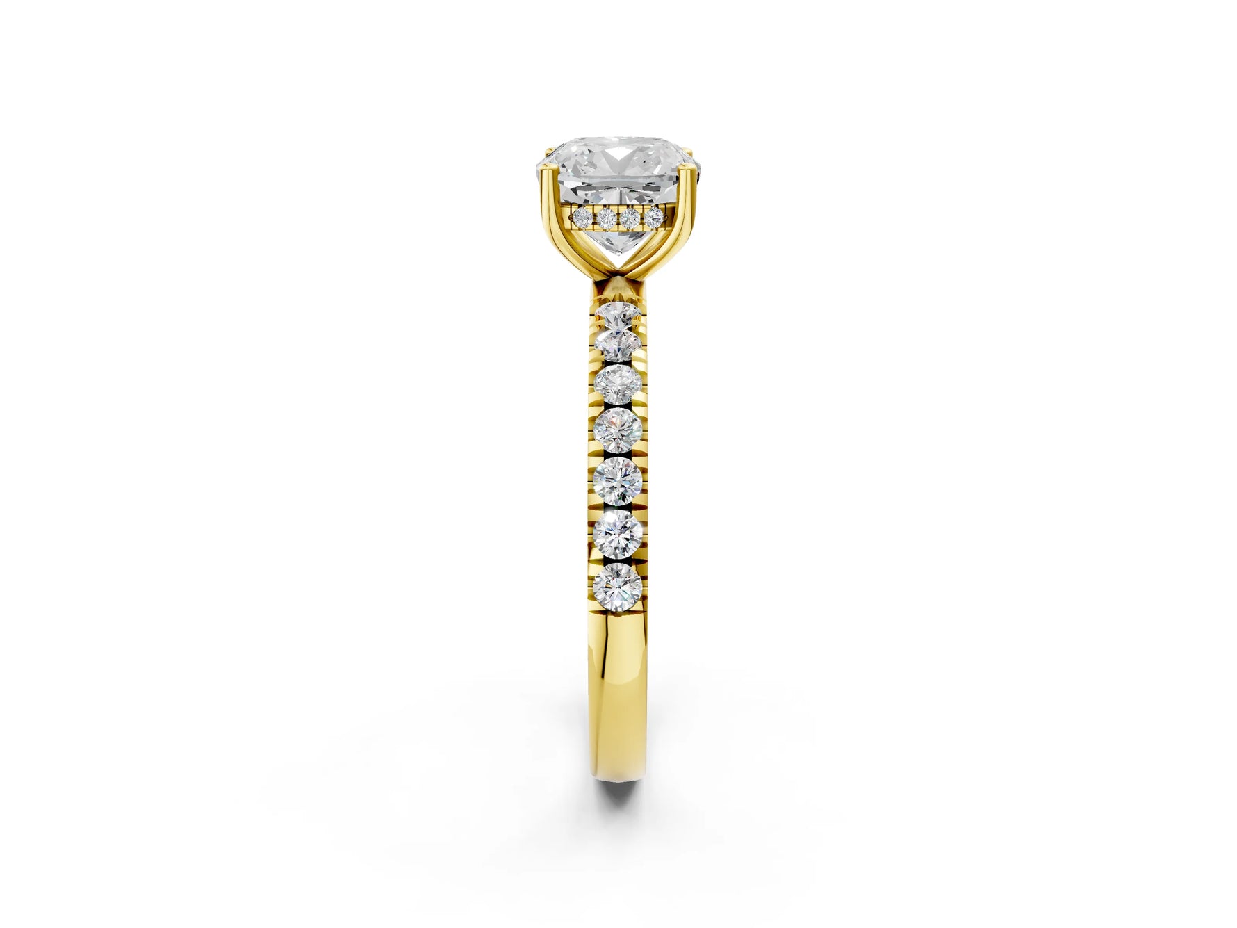 Cushion Cut Diamond Hidden Halo Engagement Ring in Yellow gold with Round Pavé Band_20