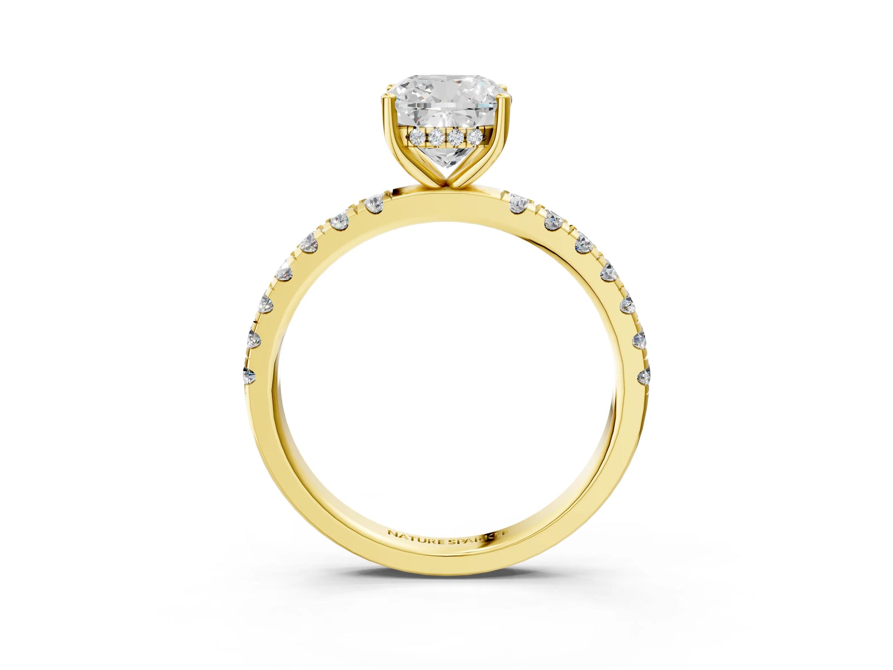 Cushion Cut Diamond Hidden Halo Engagement Ring in Yellow gold with Round Pavé Band_21