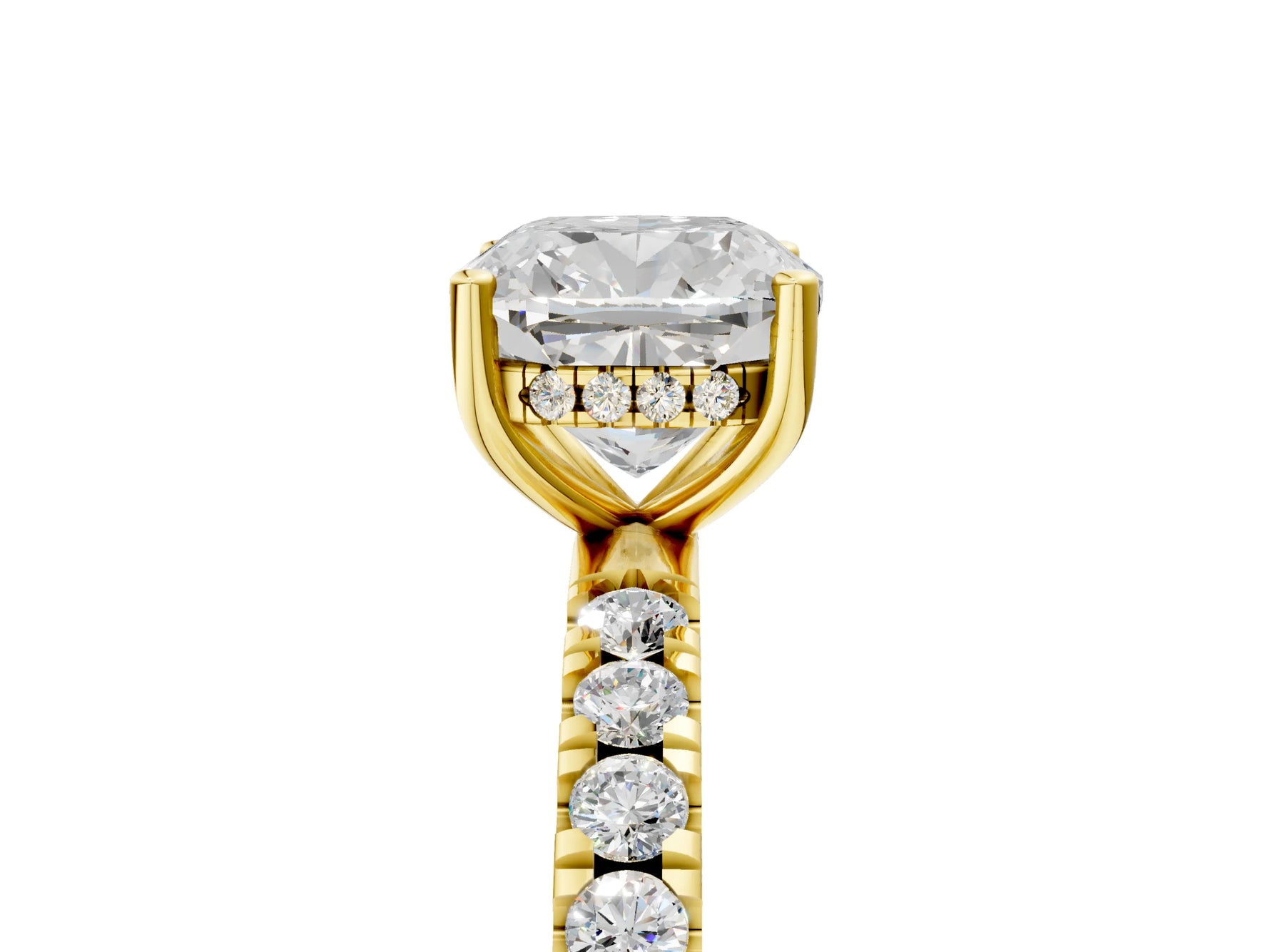 Cushion Cut Diamond Hidden Halo Engagement Ring in Yellow gold with Round Pavé Band_23
