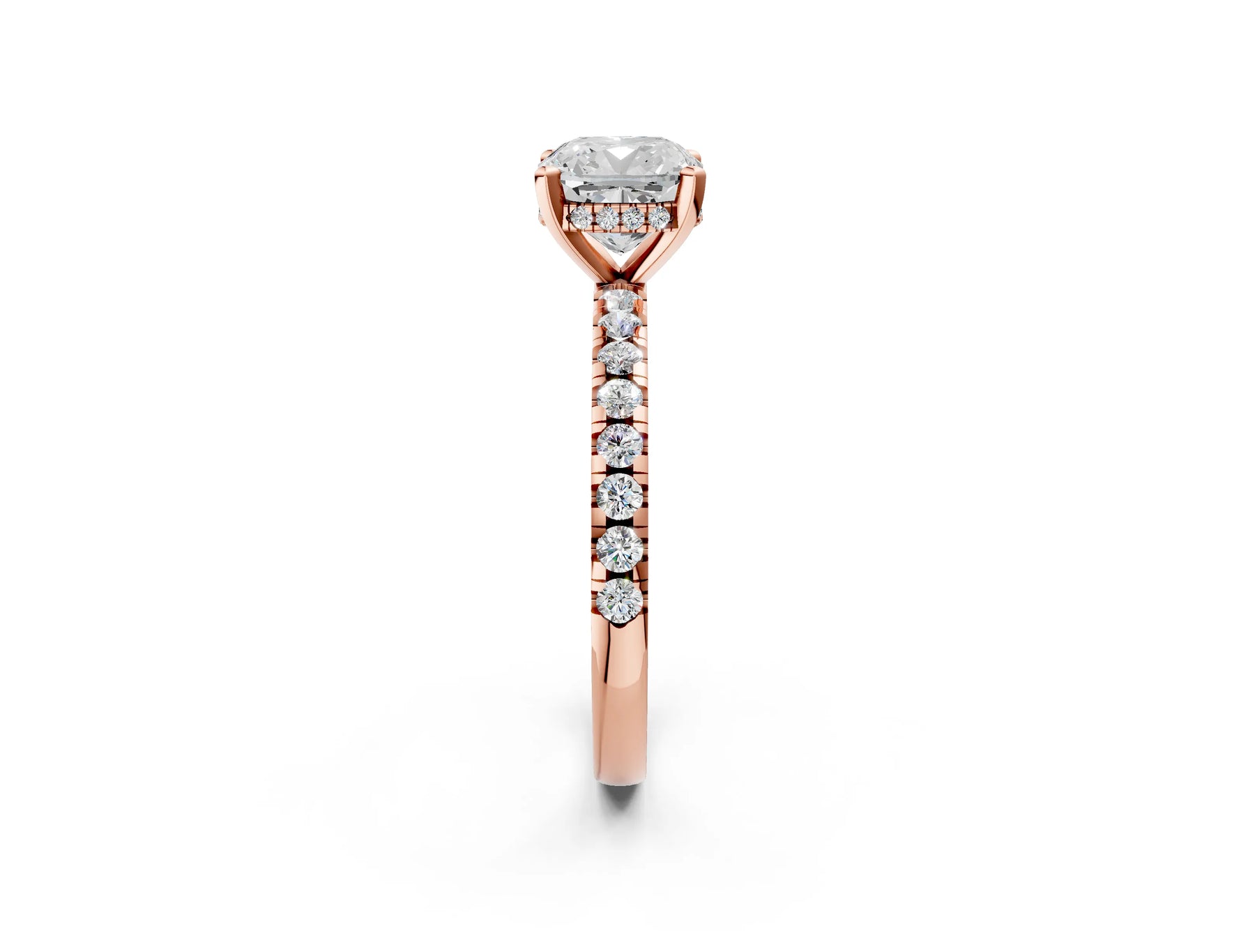 Cushion Cut Diamond Hidden Halo Solitaire Ring in Rose gold with Round Pavé Band and Prong Setting_62