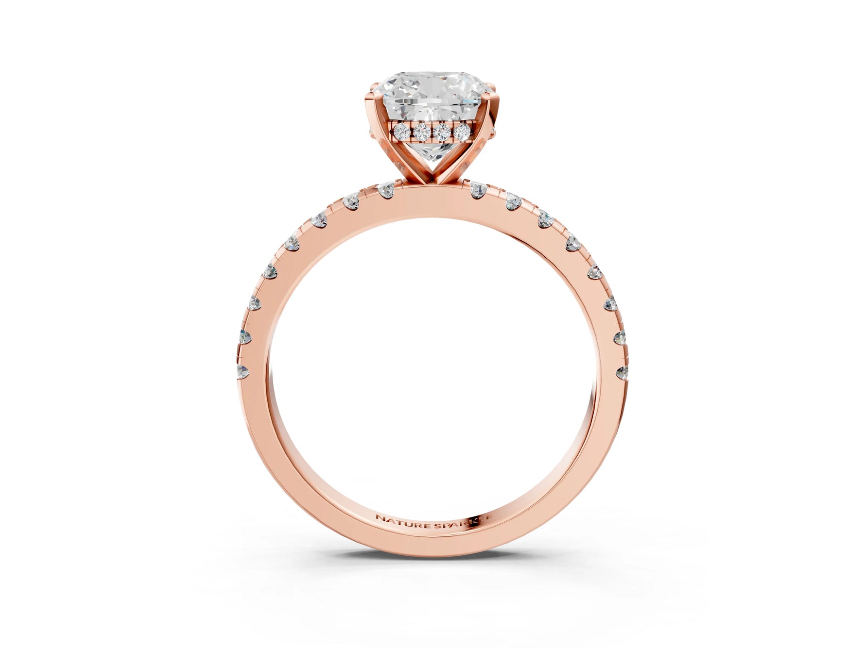 Cushion Cut Diamond Hidden Halo Solitaire Ring in Rose gold with Round Pavé Band and Prong Setting_63