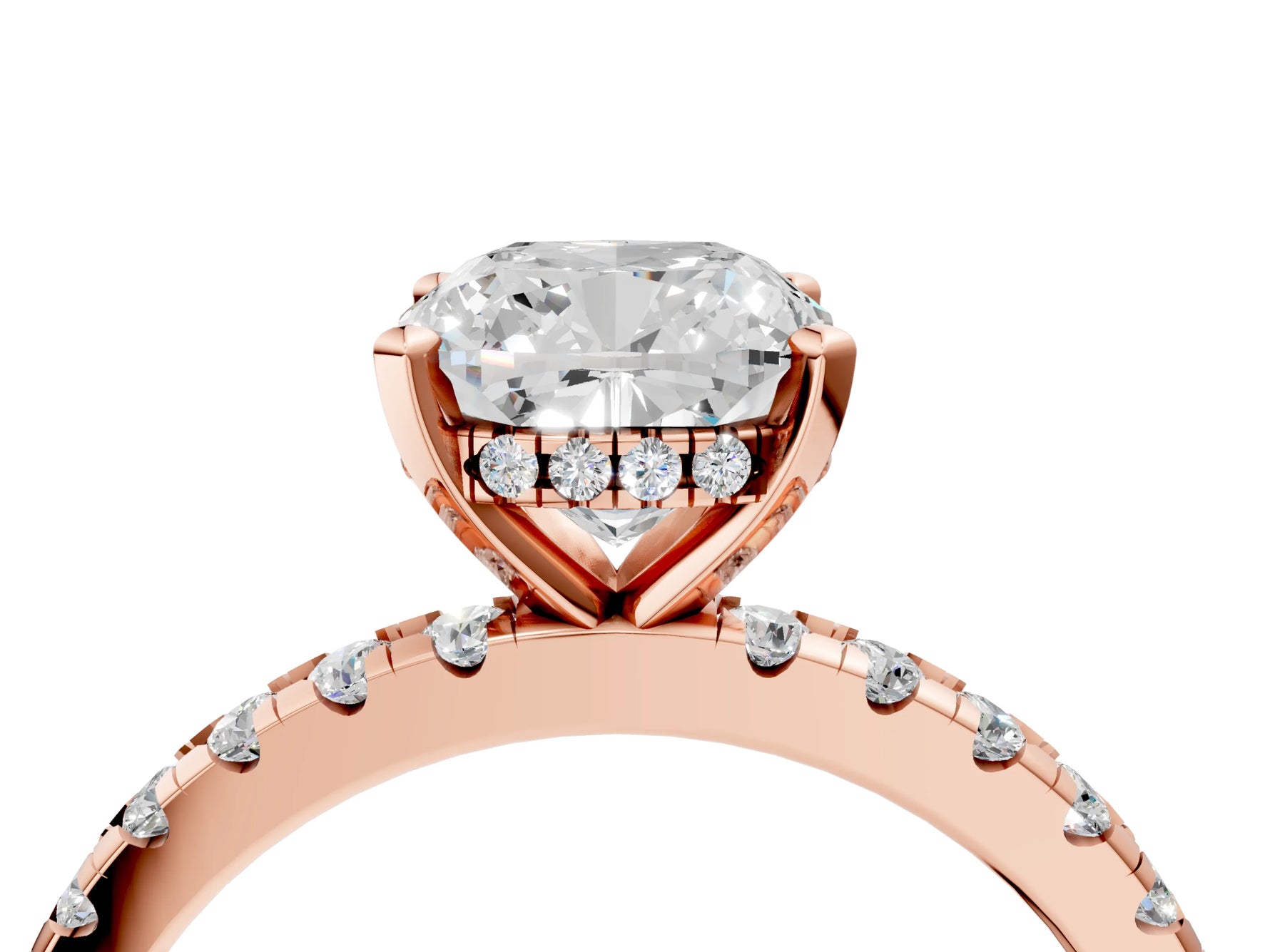 Cushion Cut Diamond Hidden Halo Solitaire Ring in Rose gold with Round Pavé Band and Prong Setting_64