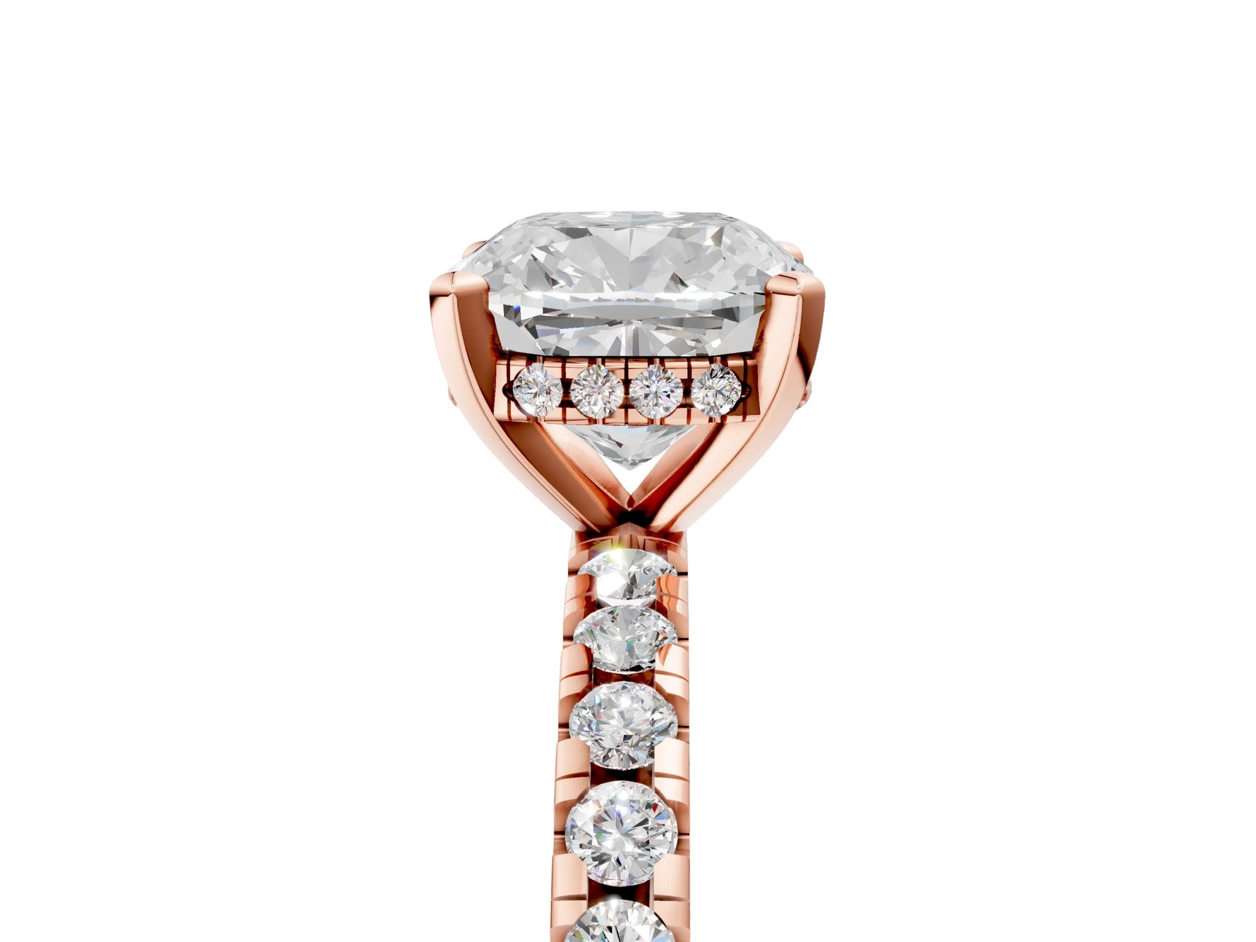 Cushion Cut Diamond Hidden Halo Solitaire Ring in Rose gold with Round Pavé Band and Prong Setting_65