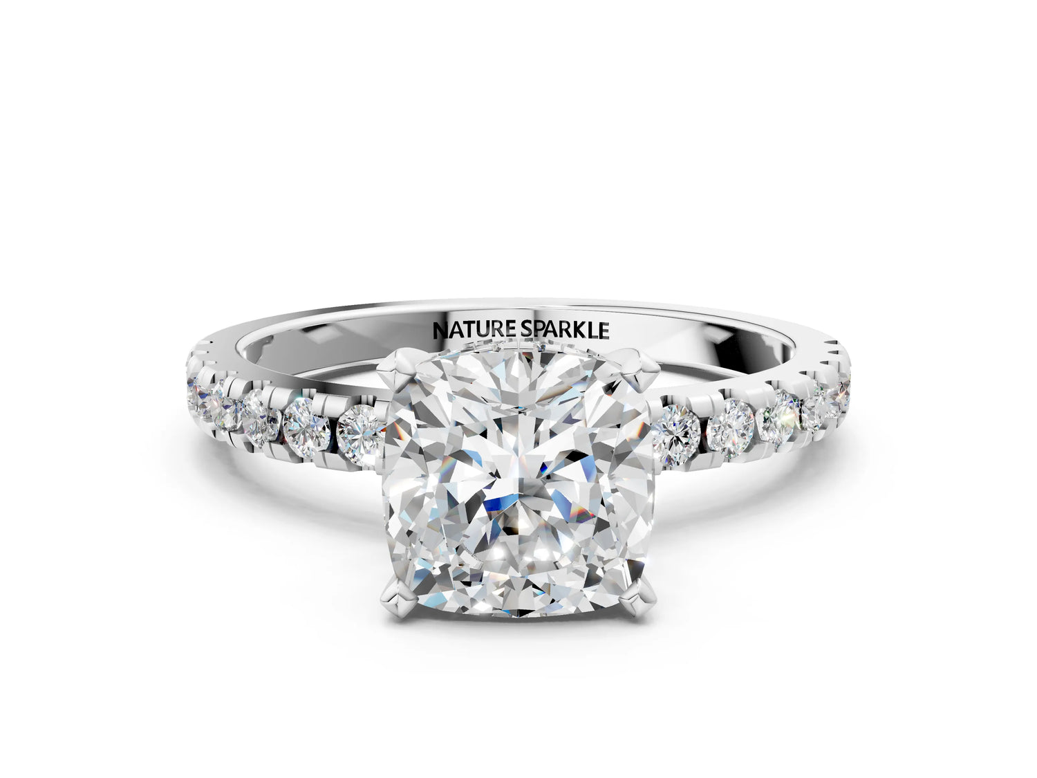 Cushion Cut Diamond Hidden Halo Solitaire Ring in White gold with Round Pavé Band and Prong Setting_60