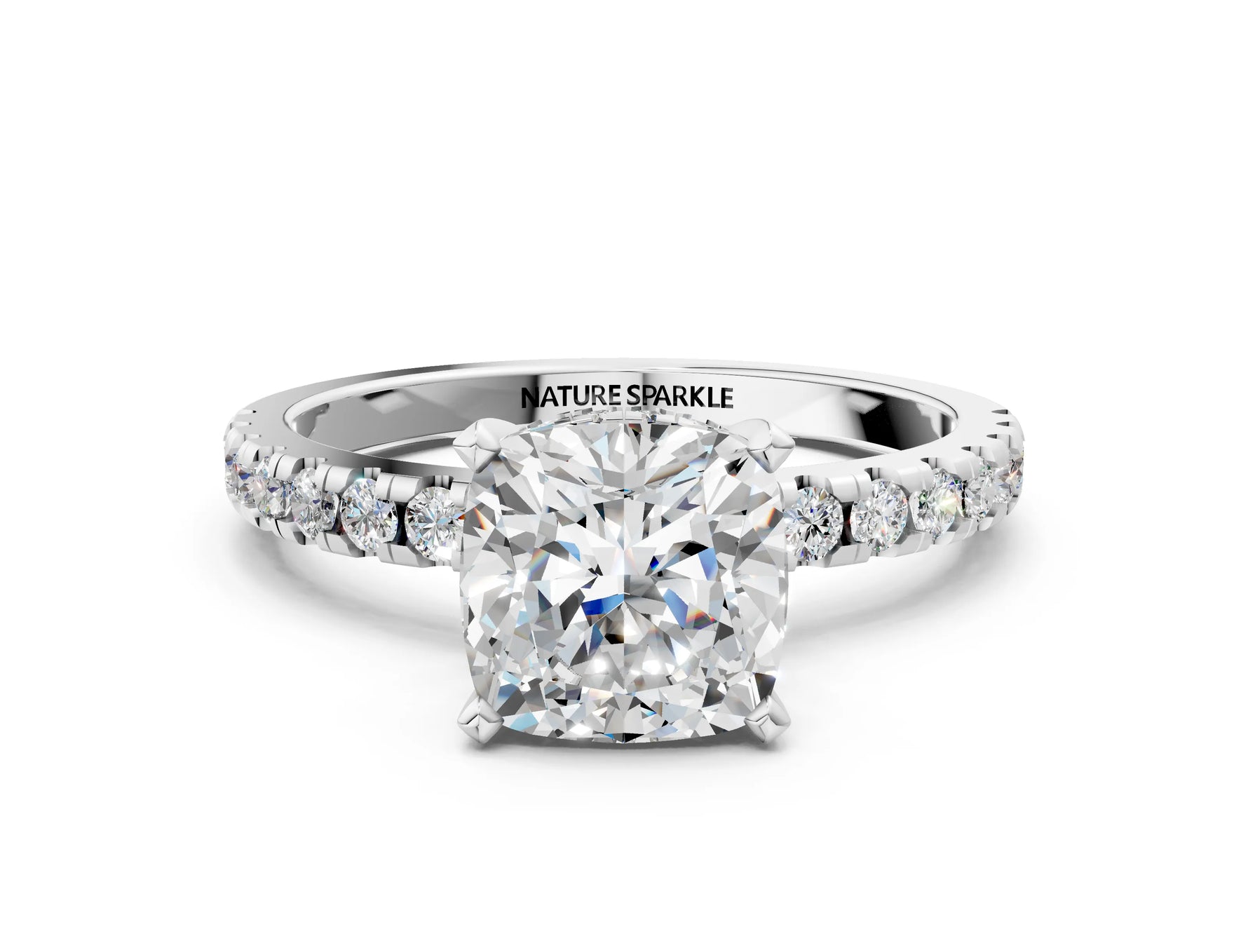 Cushion Cut Diamond Hidden Halo Solitaire Ring in White gold with Round Pavé Band and Prong Setting_60