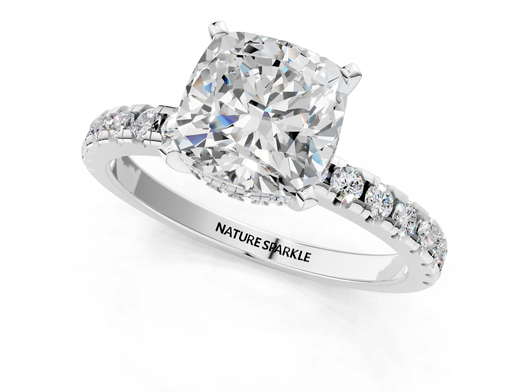 Cushion Cut Diamond Hidden Halo Solitaire Ring in White gold with Round Pavé Band and Prong Setting_61