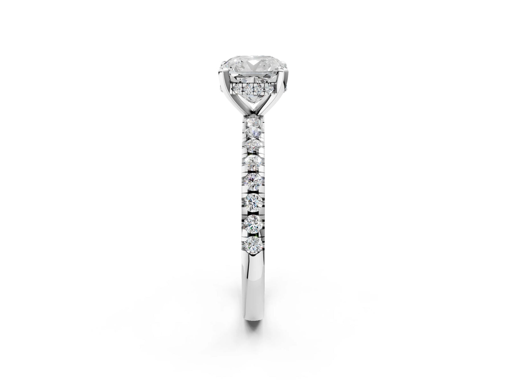 Cushion Cut Diamond Hidden Halo Solitaire Ring in White gold with Round Pavé Band and Prong Setting_62