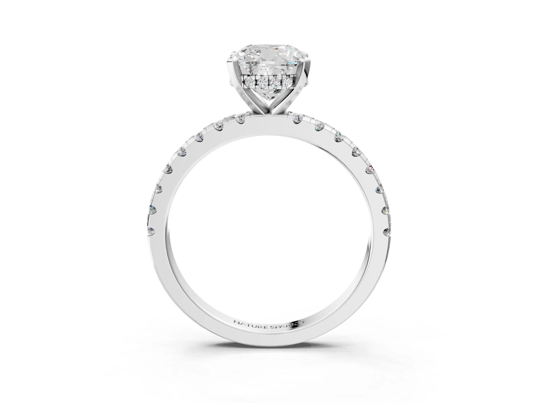 Cushion Cut Diamond Hidden Halo Solitaire Ring in White gold with Round Pavé Band and Prong Setting_63