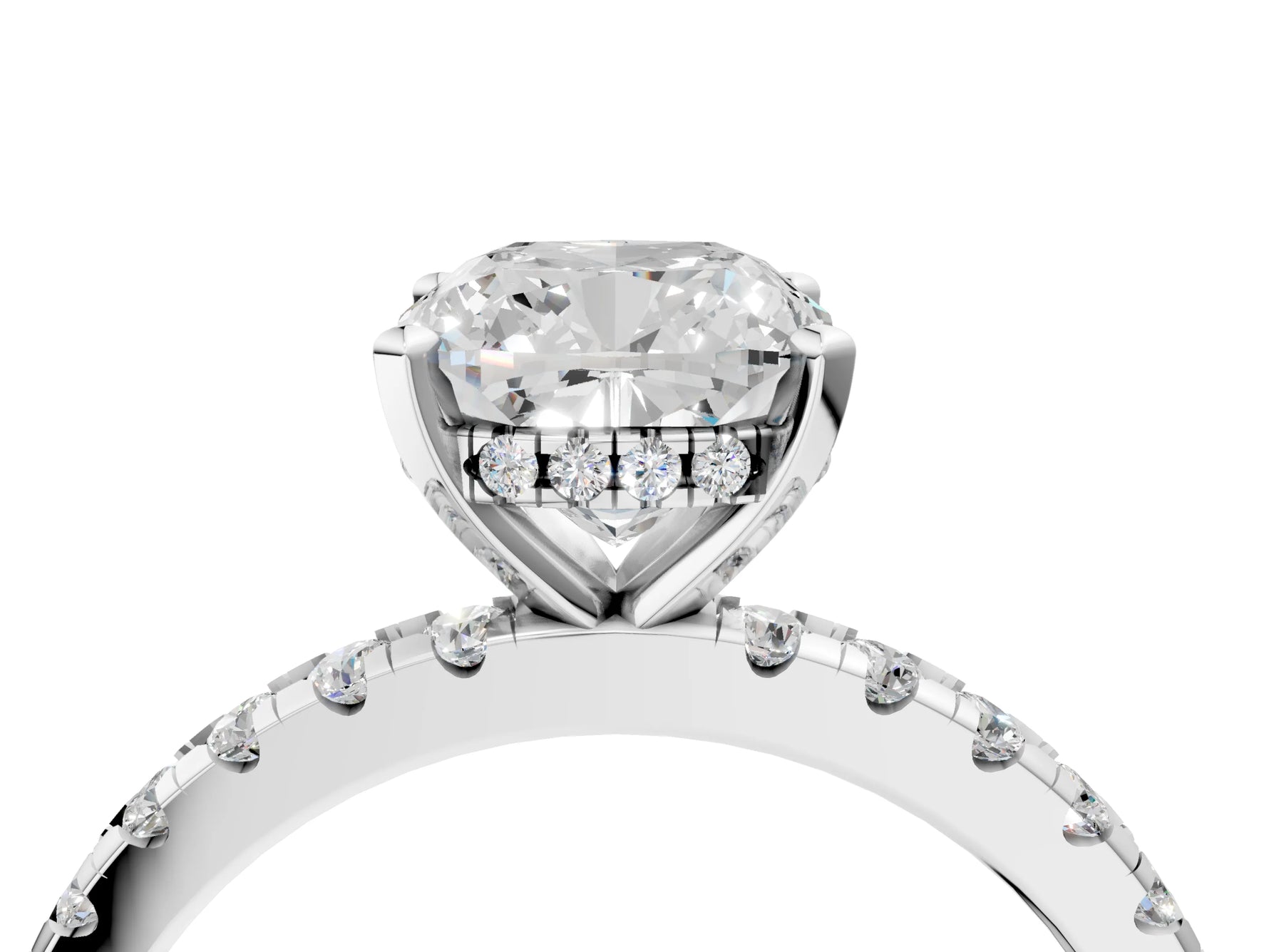 Cushion Cut Diamond Hidden Halo Solitaire Ring in White gold with Round Pavé Band and Prong Setting_64
