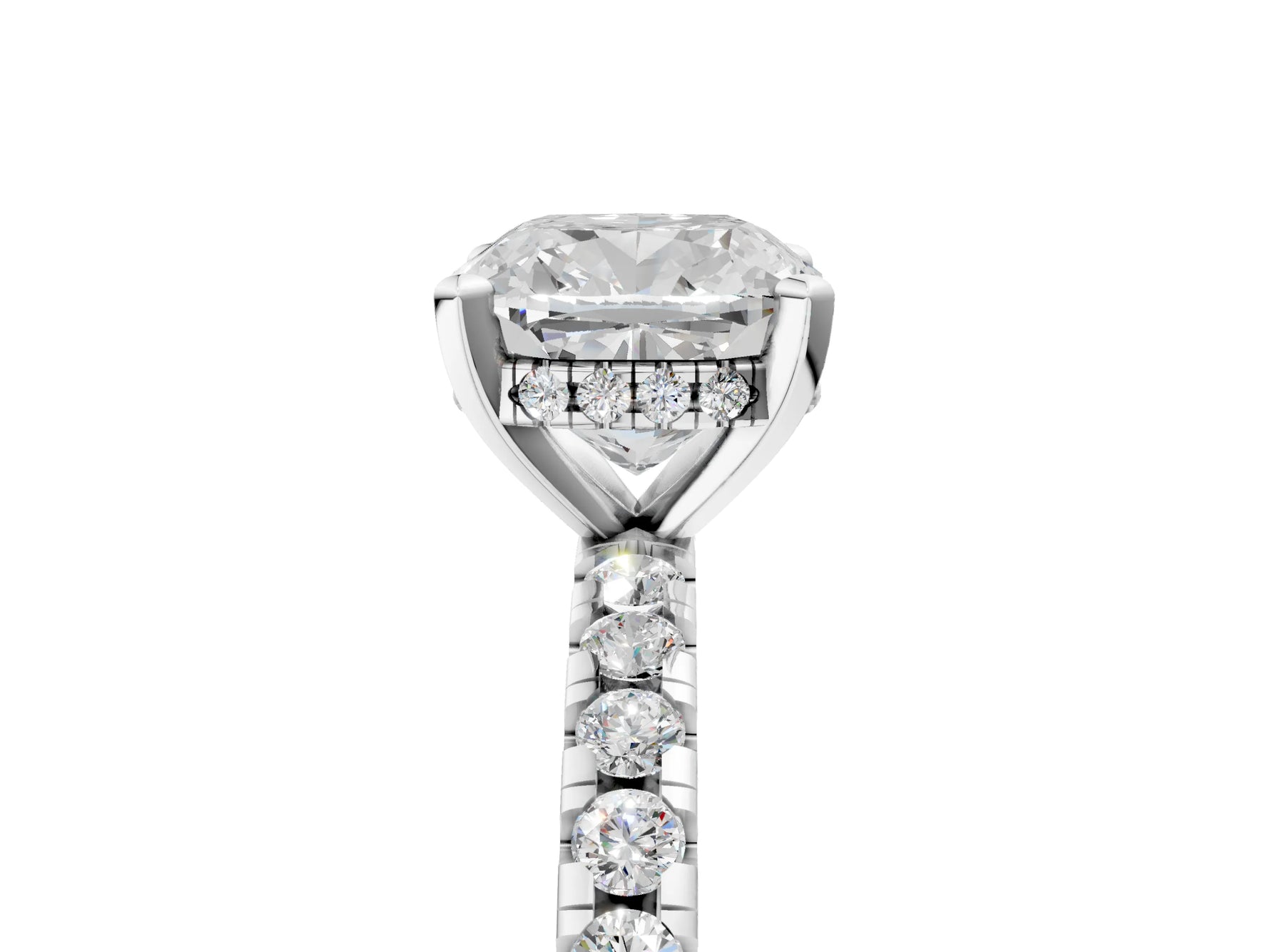 Cushion Cut Diamond Hidden Halo Solitaire Ring in White gold with Round Pavé Band and Prong Setting_65