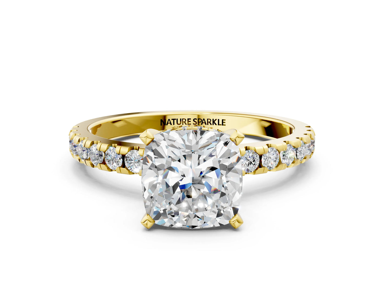 Cushion Cut Diamond Hidden Halo Solitaire Ring in Yellow gold with Round Pavé Band and Prong Setting_60