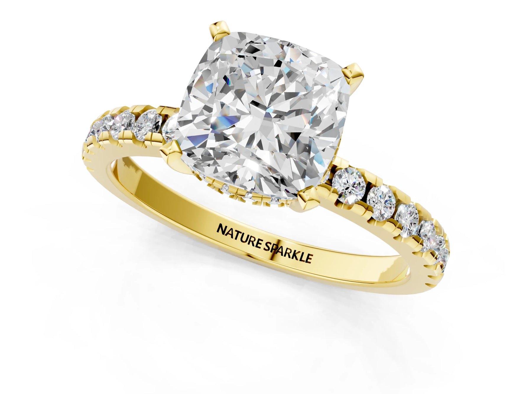 Cushion Cut Diamond Hidden Halo Solitaire Ring in Yellow gold with Round Pavé Band and Prong Setting_61