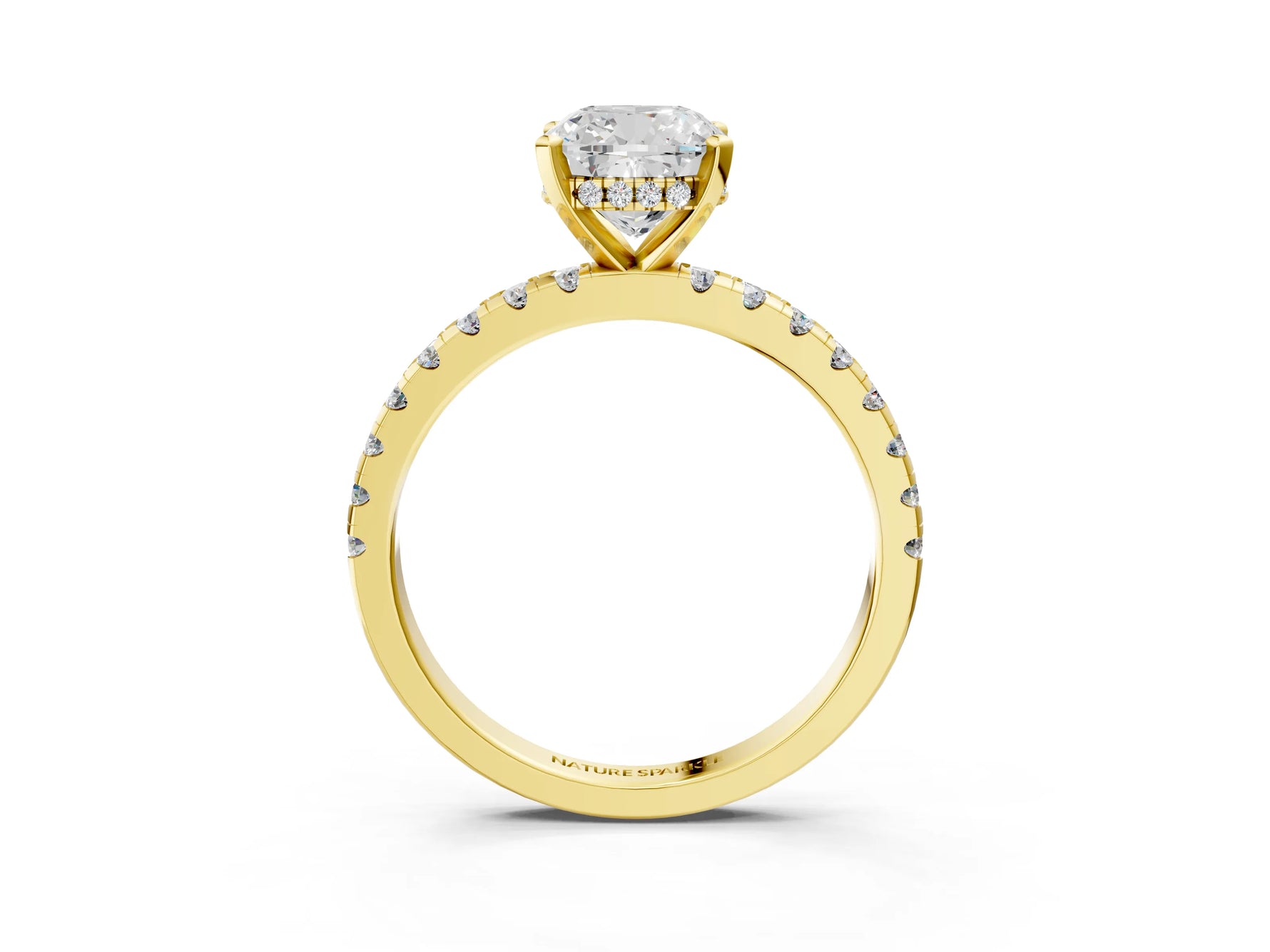 Cushion Cut Diamond Hidden Halo Solitaire Ring in Yellow gold with Round Pavé Band and Prong Setting_63