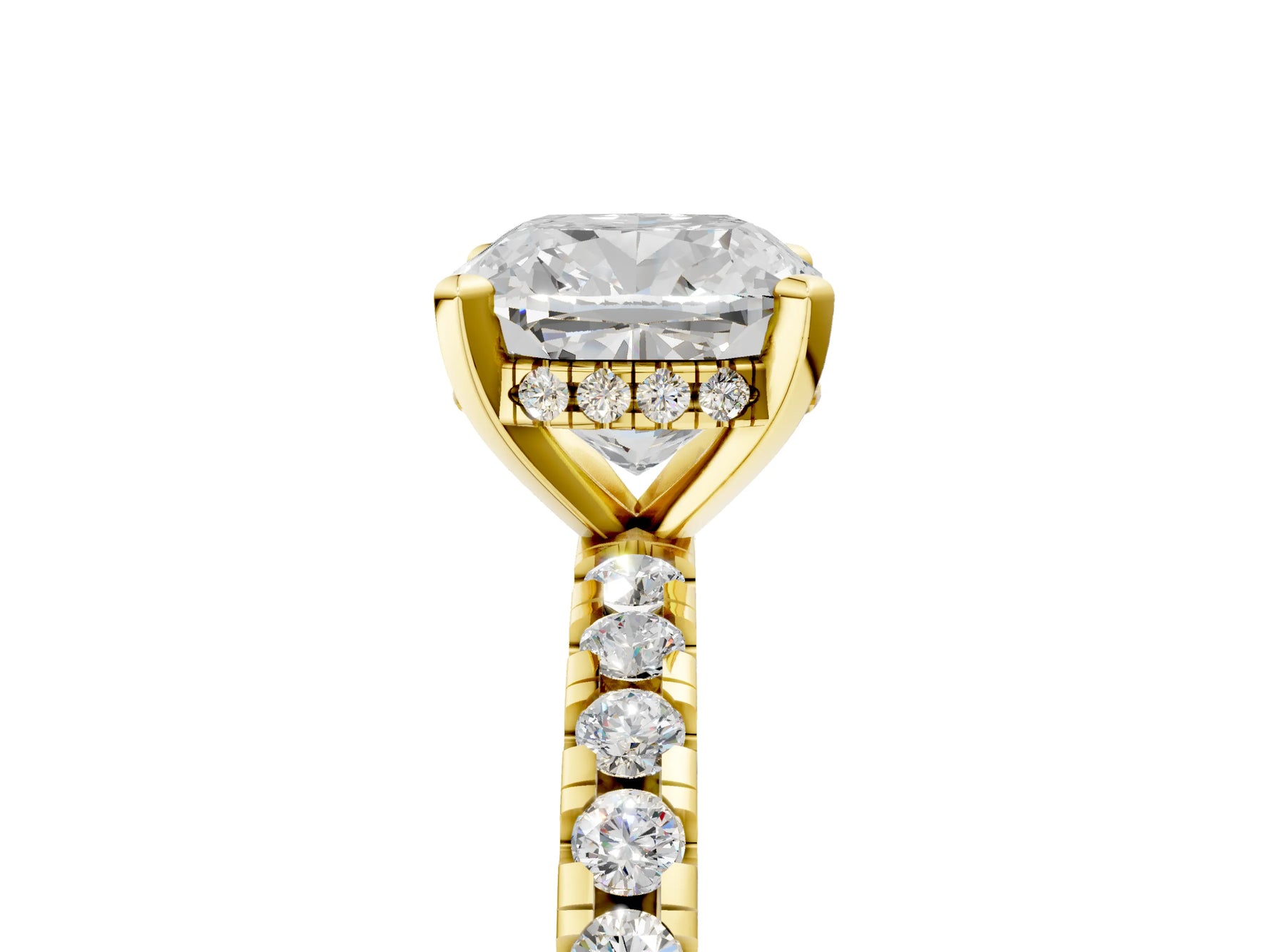 Cushion Cut Diamond Hidden Halo Solitaire Ring in Yellow gold with Round Pavé Band and Prong Setting_65