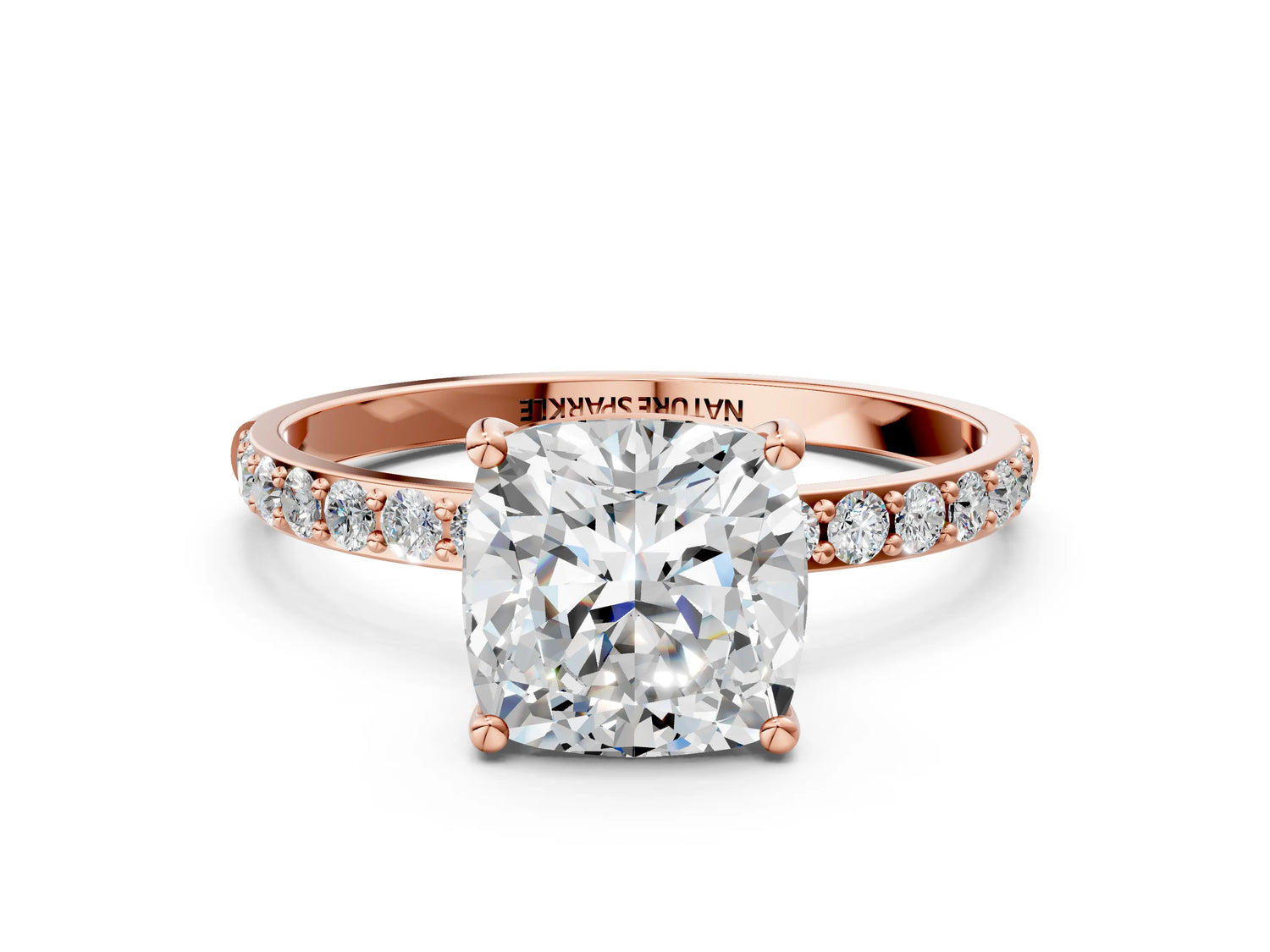 Cushion Cut Diamond Pavé Band Solitaire Ring in Rose gold with Round Accents_24