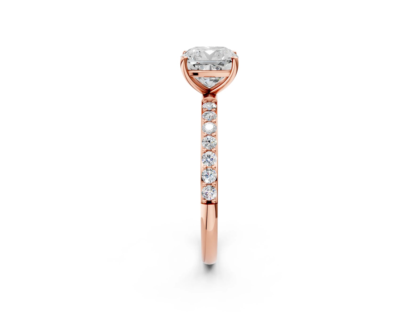 Cushion Cut Diamond Pavé Band Solitaire Ring in Rose gold with Round Accents_26