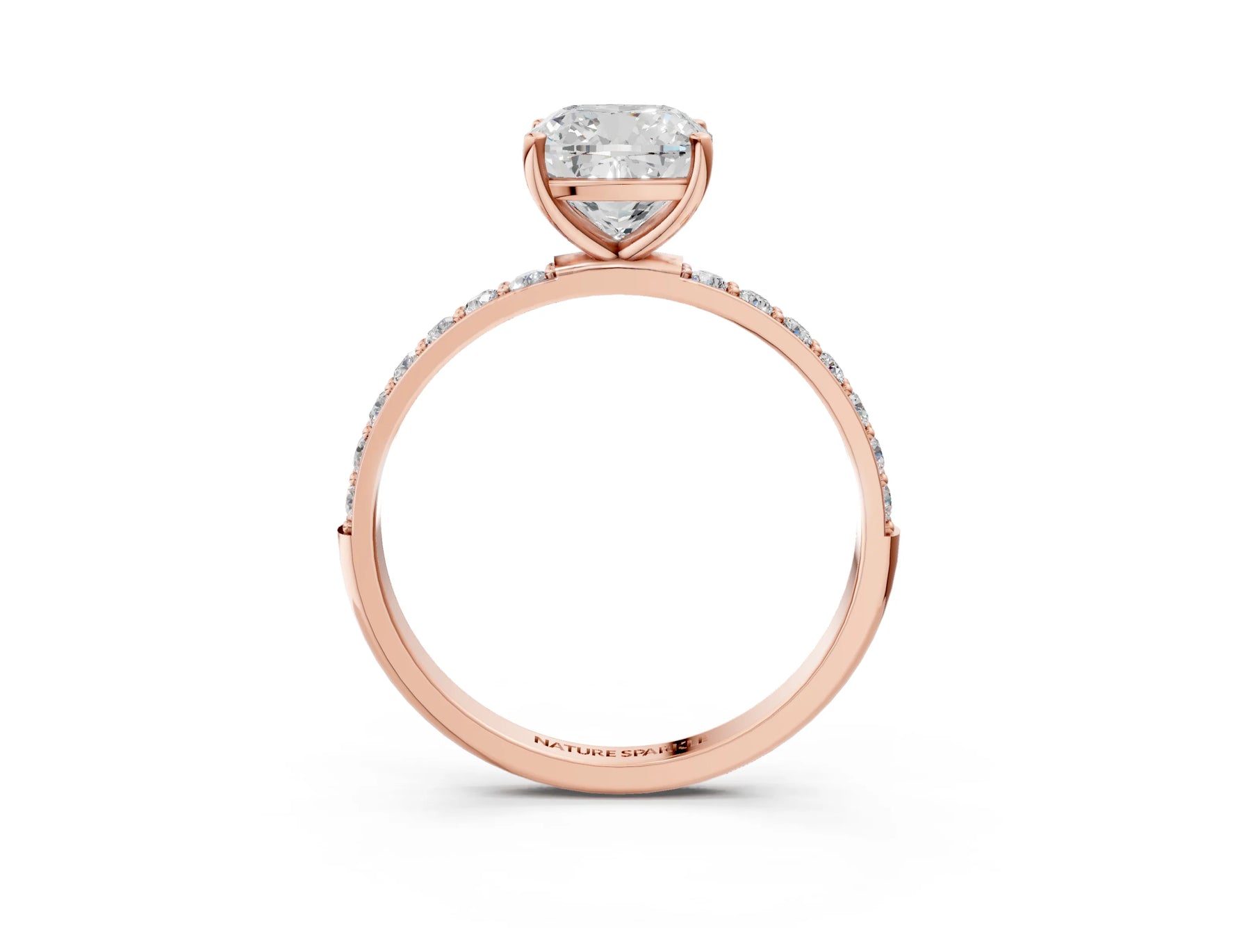 Cushion Cut Diamond Pavé Band Solitaire Ring in Rose gold with Round Accents_27